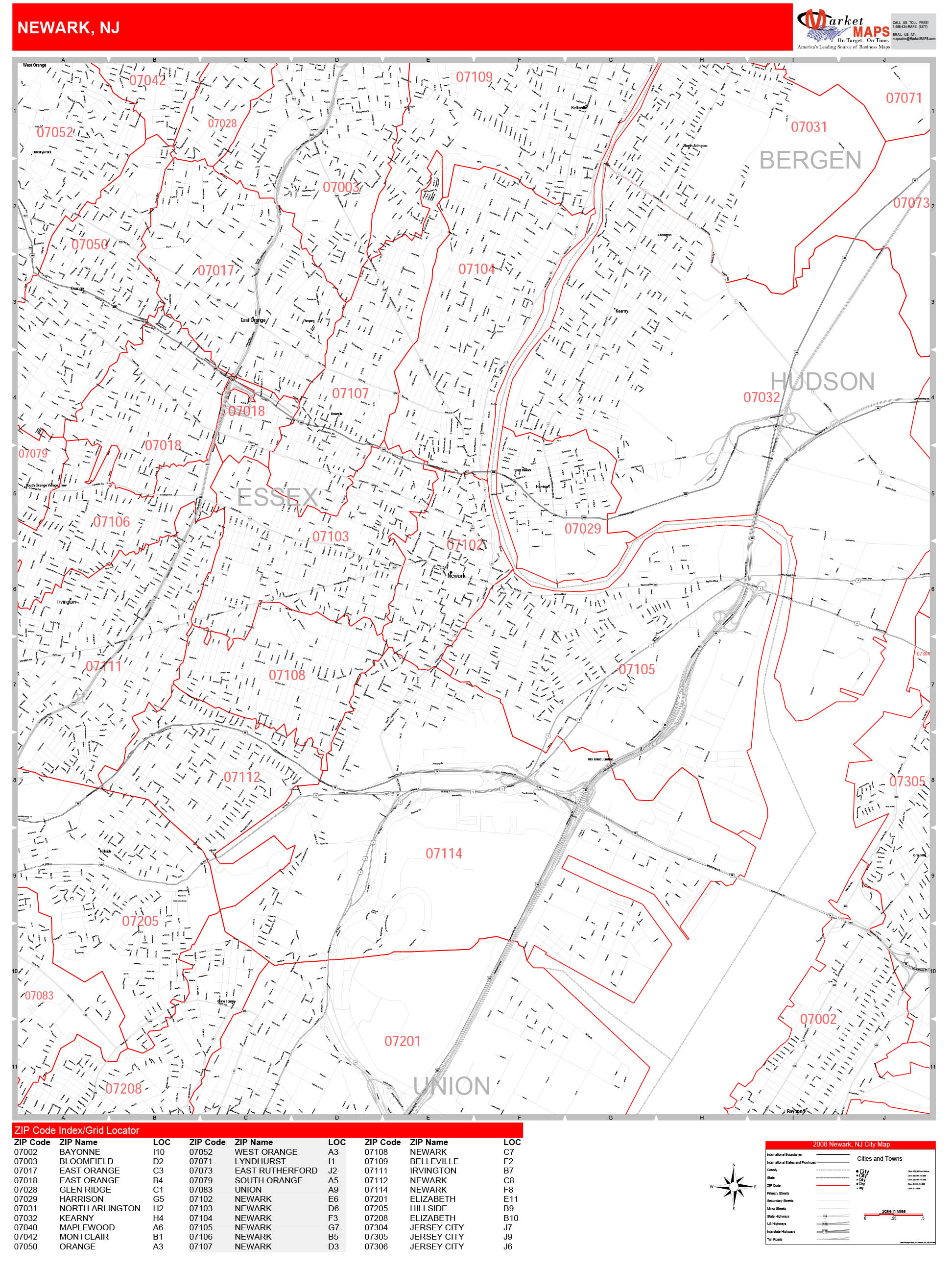 Newark New Jersey Zip Code Wall Map (Red Line Style) by MarketMAPS