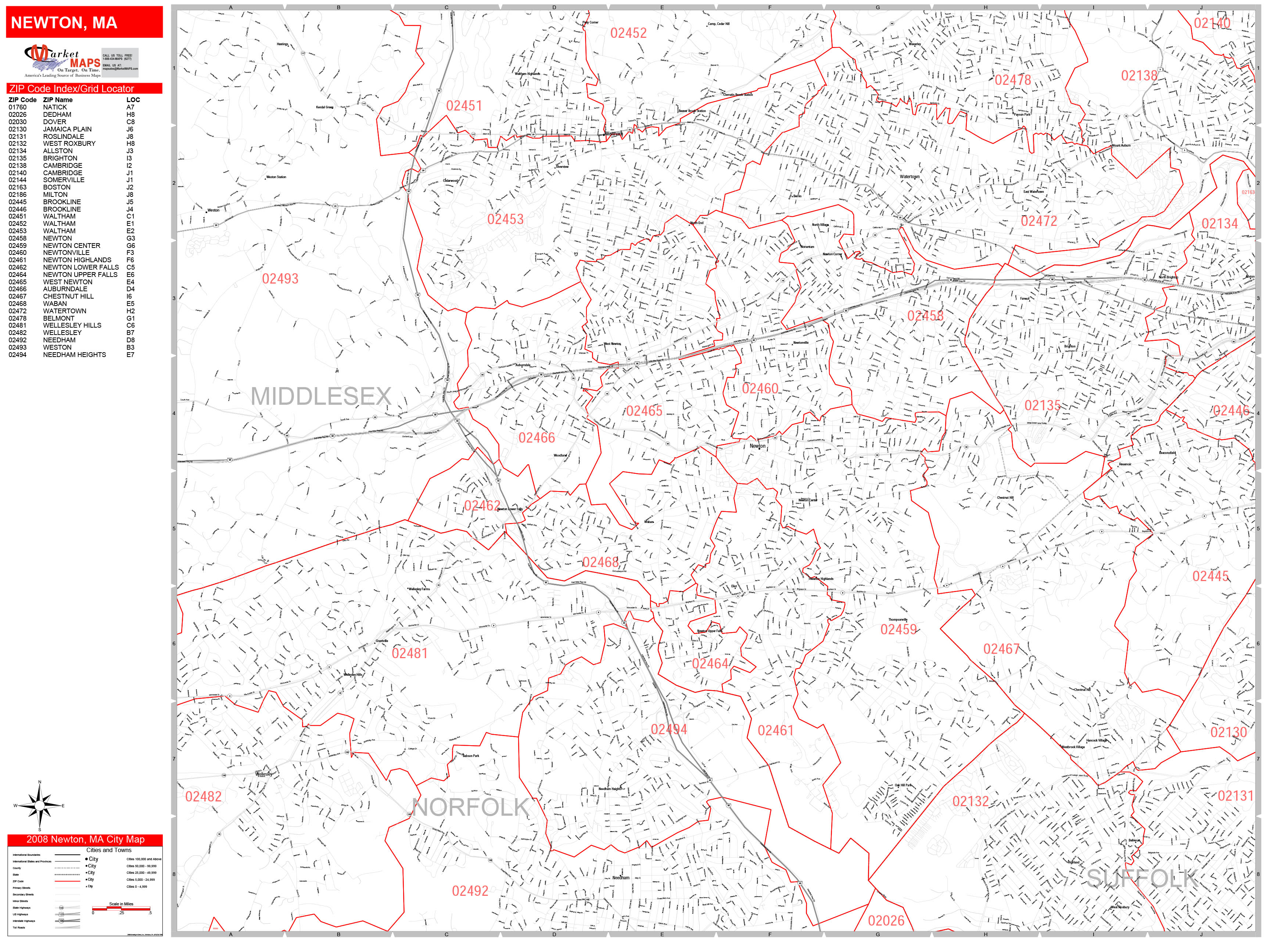 Newton Massachusetts Zip Code Wall Map Red Line Style By Marketmaps Mapsales 9878