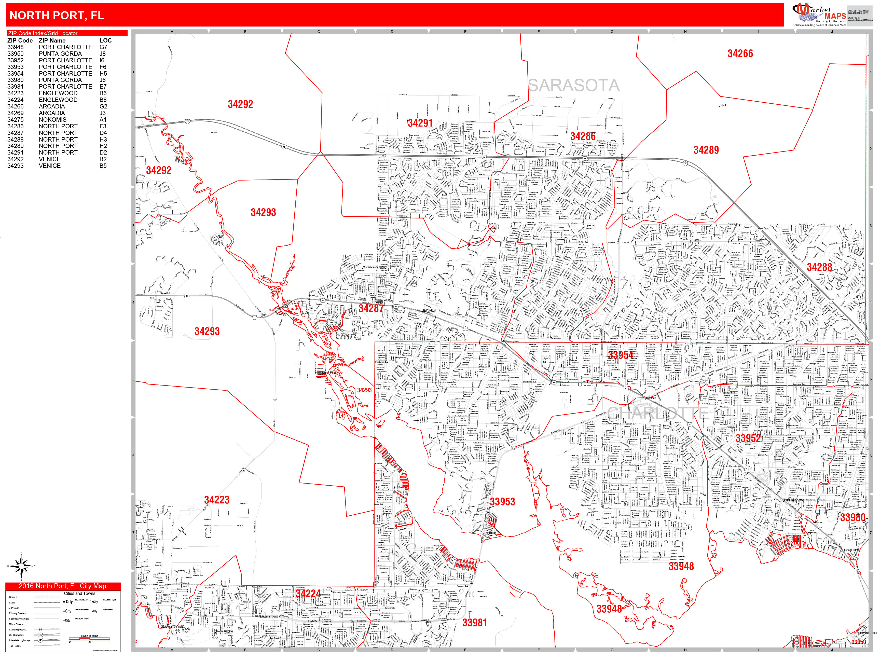 North Port Florida Zip Code Wall Map (Red Line Style) by MarketMAPS