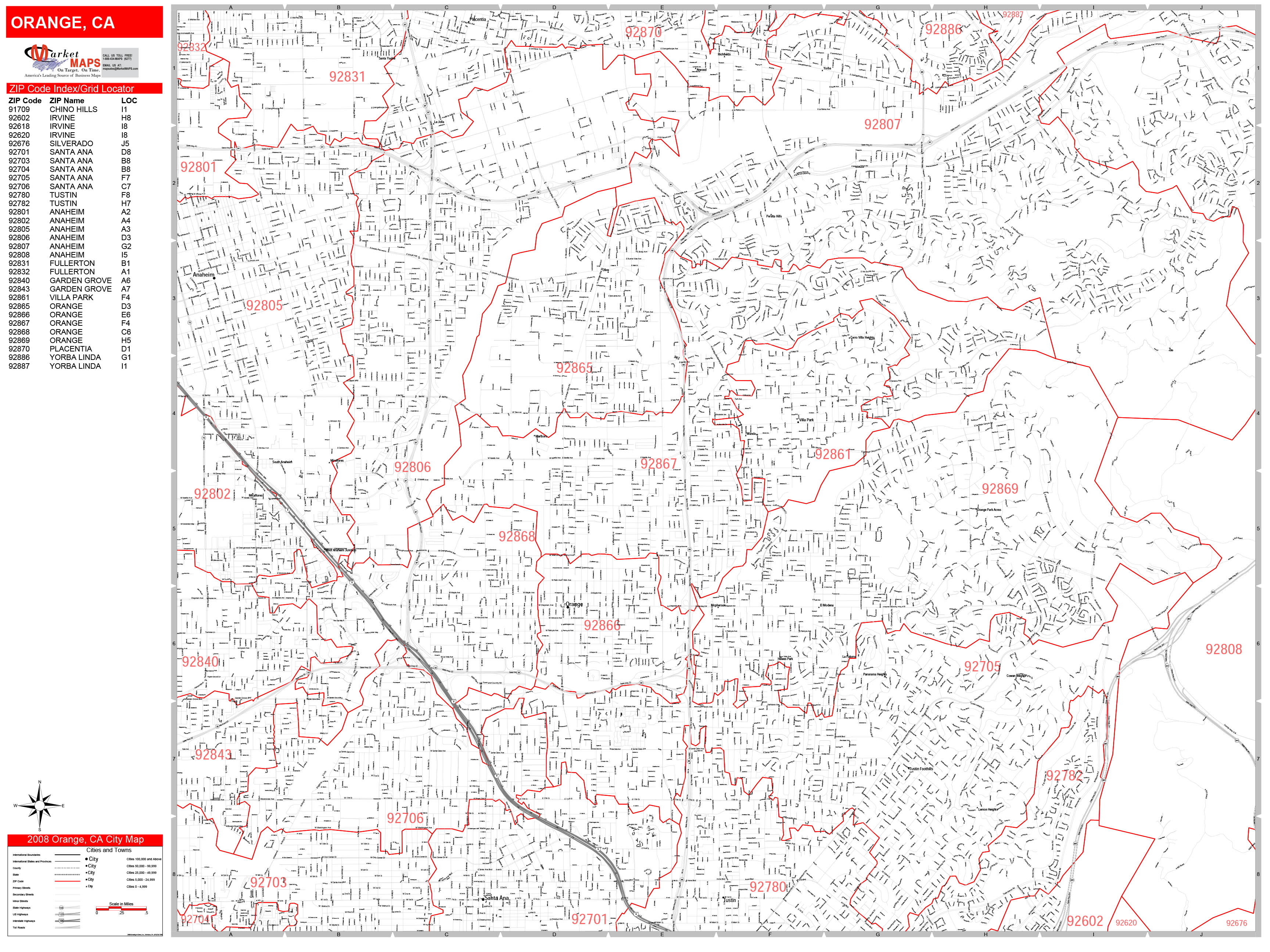 Orange California Zip Code Wall Map Red Line Style By Marketmaps