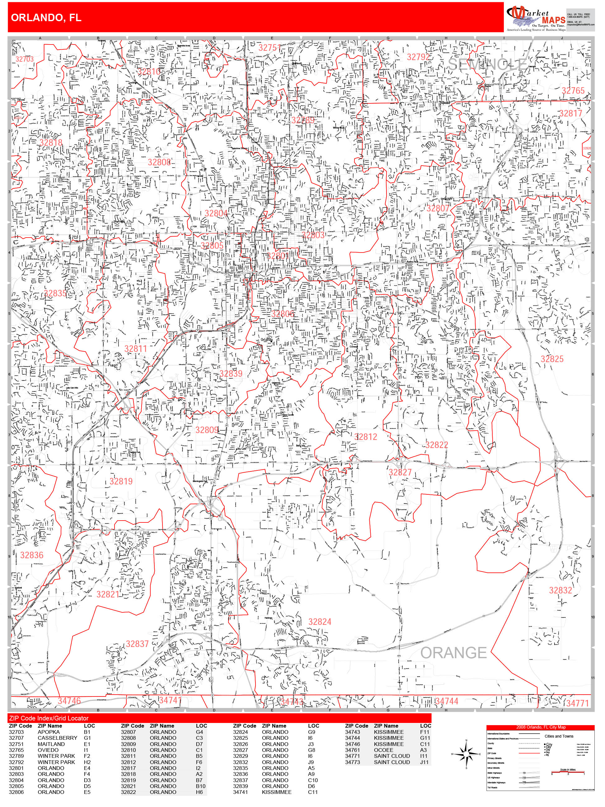 Orlando Florida Zip Code Wall Map (red Line Style) By Marketmaps - Mapsales