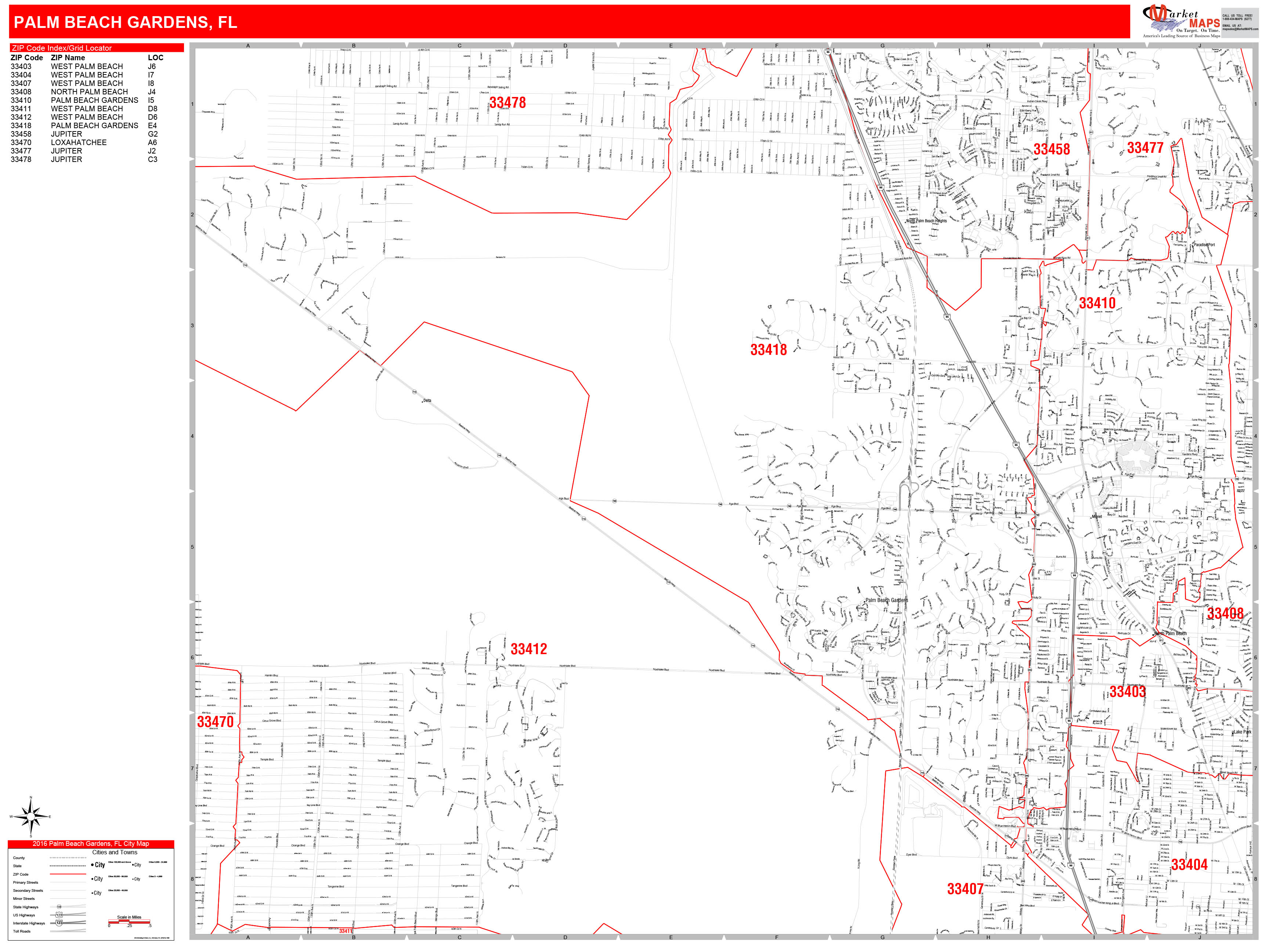 Palm Beach Gardens Florida Zip Code Wall Map (Red Line Style) by MarketMAPS