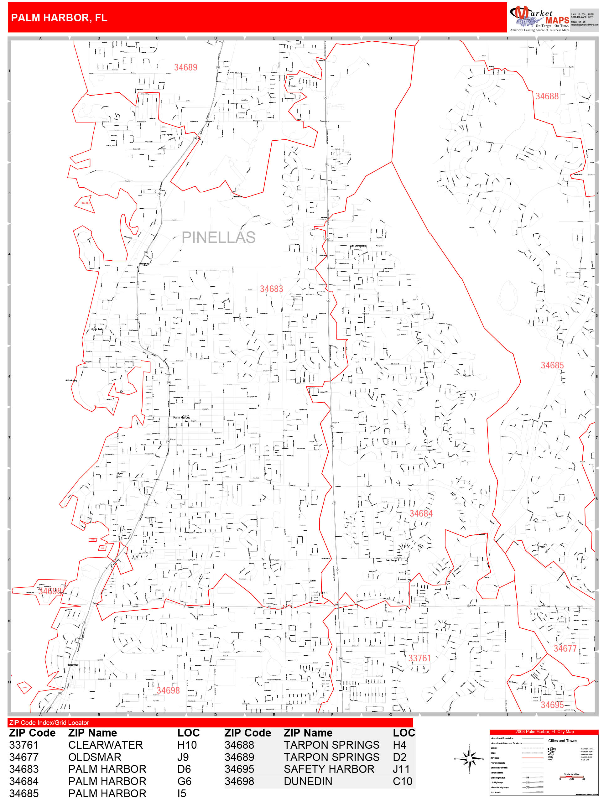 Palm Harbor Florida Zip Code Wall Map (Red Line Style) by MarketMAPS