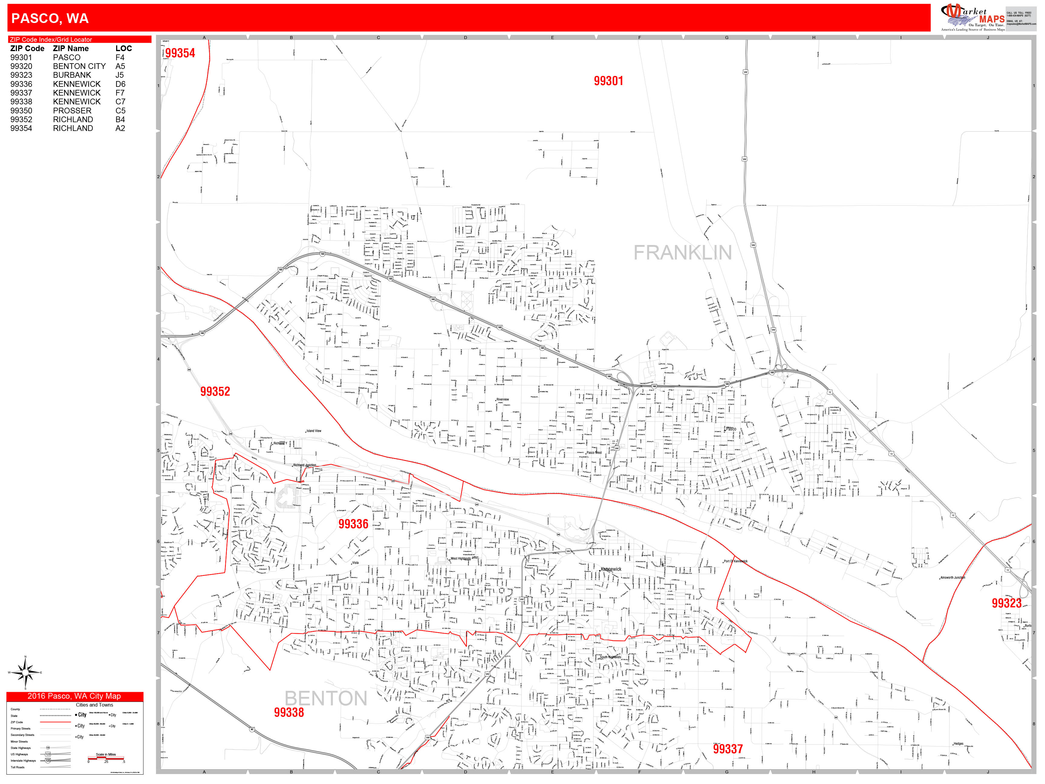 Pasco Washington Zip Code Wall Map Red Line Style By Marketmaps