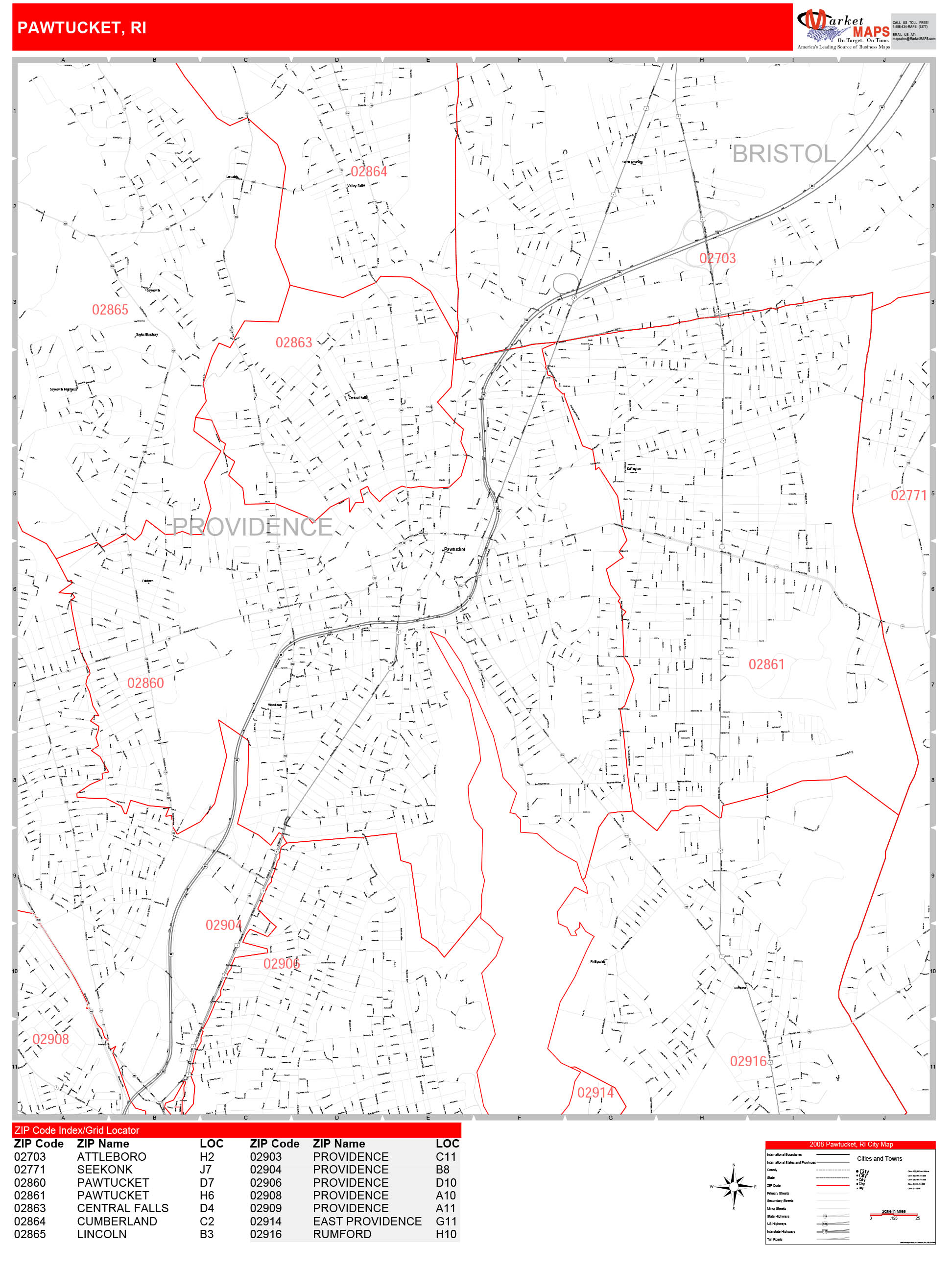 Pawtucket Rhode Island Zip Code Wall Map (Red Line Style) by MarketMAPS