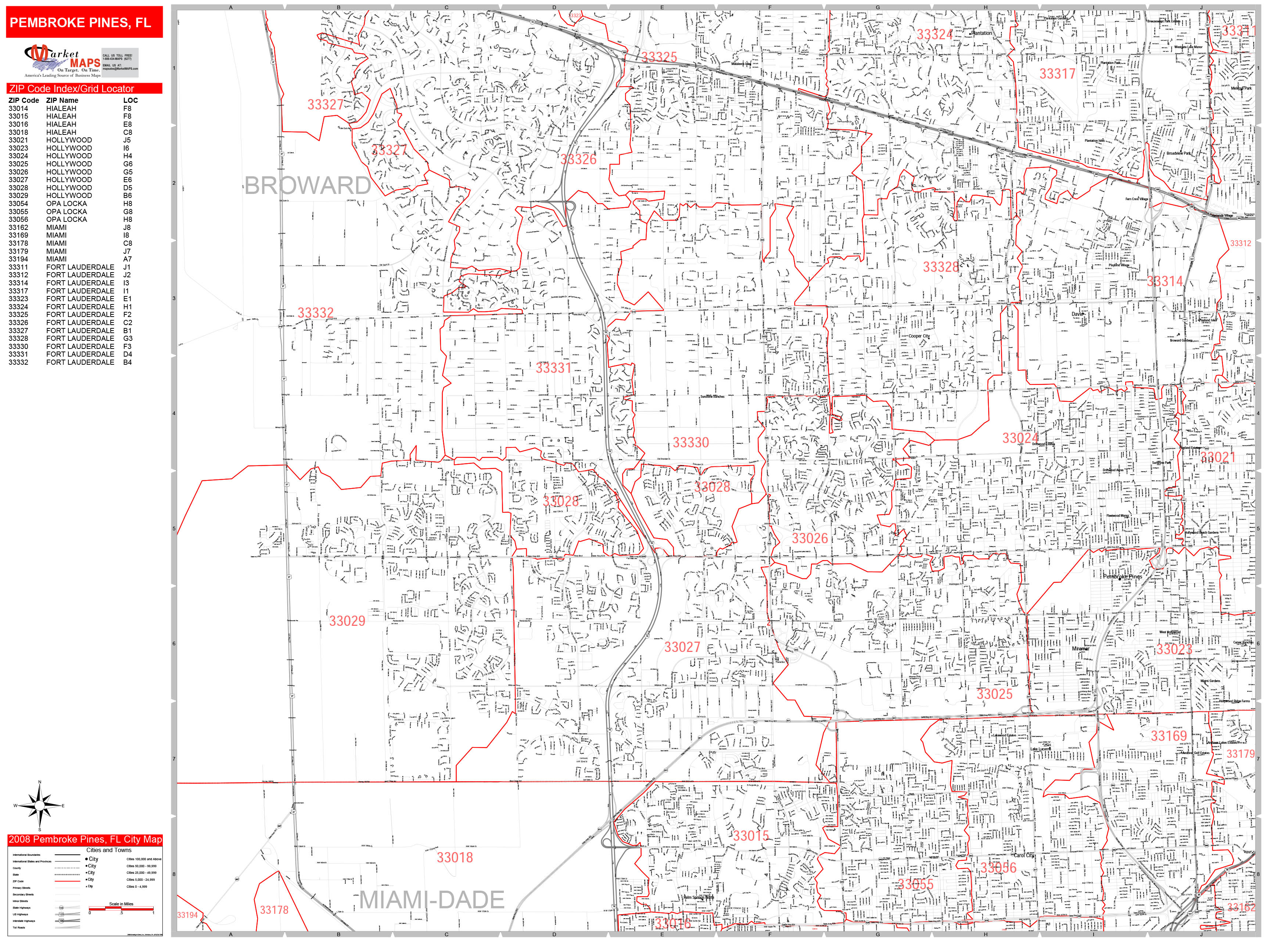 Pembroke Pines Florida Zip Code Wall Map (Red Line Style) by MarketMAPS ...