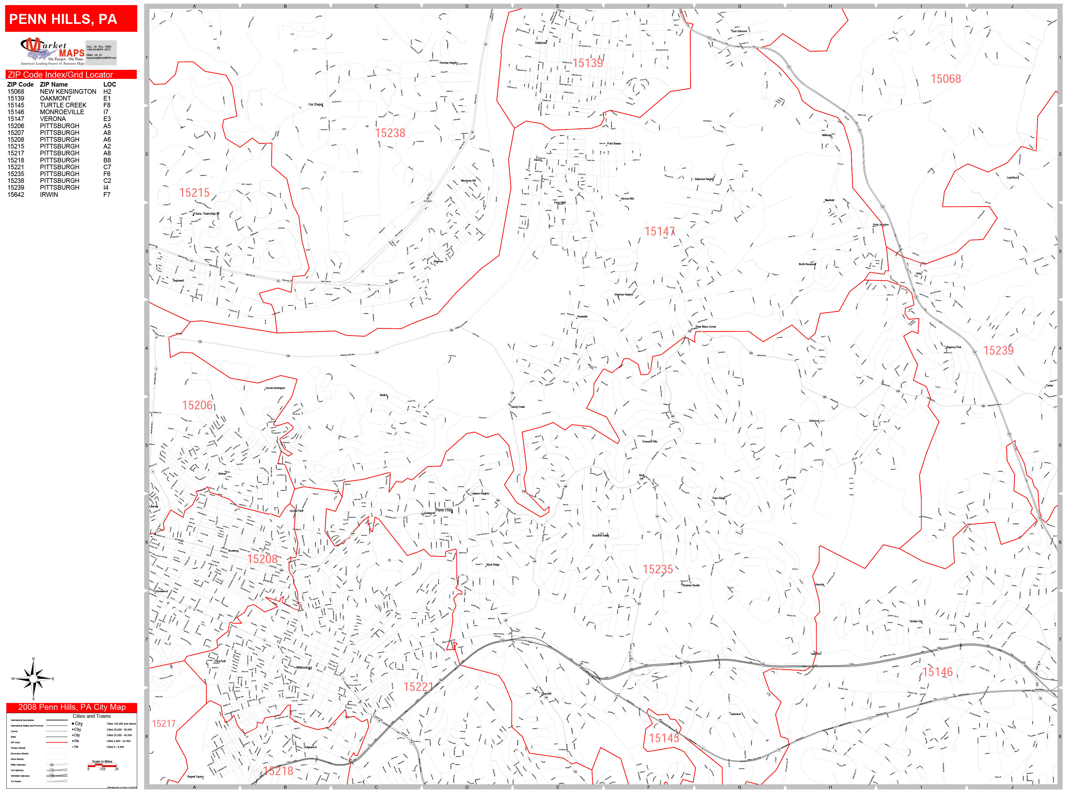 Penn Hills Pennsylvania Zip Code Wall Map (Red Line Style) by ...