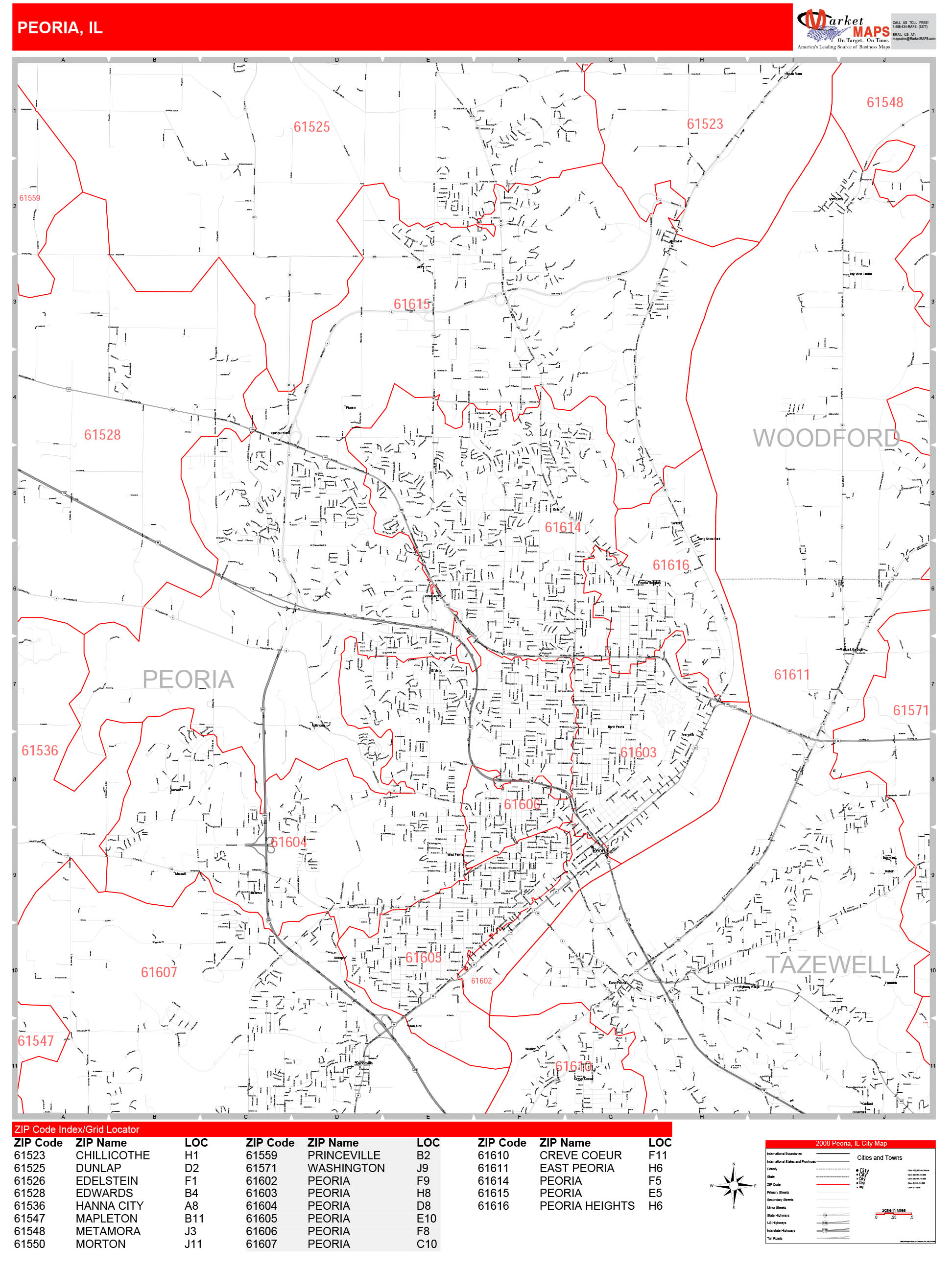 Peoria Illinois Zip Code Wall Map (Red Line Style) by MarketMAPS - MapSales