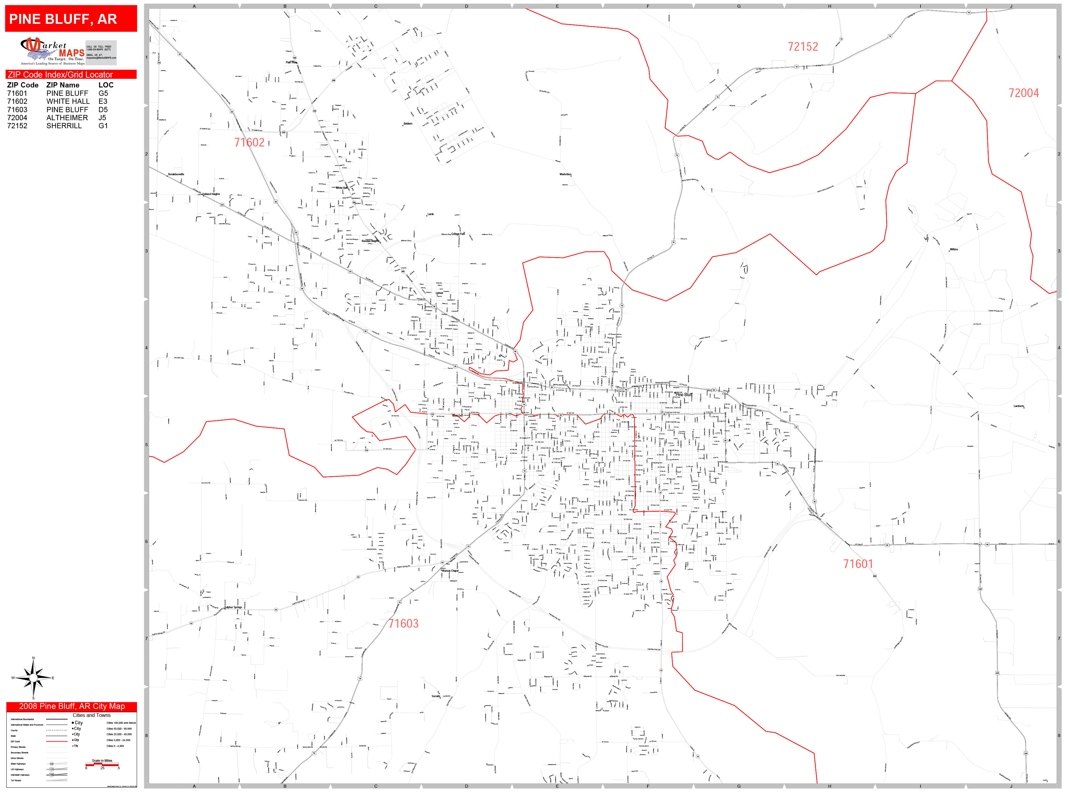 Pine Bluff Arkansas Zip Code Wall Map (Red Line Style) by MarketMAPS ...