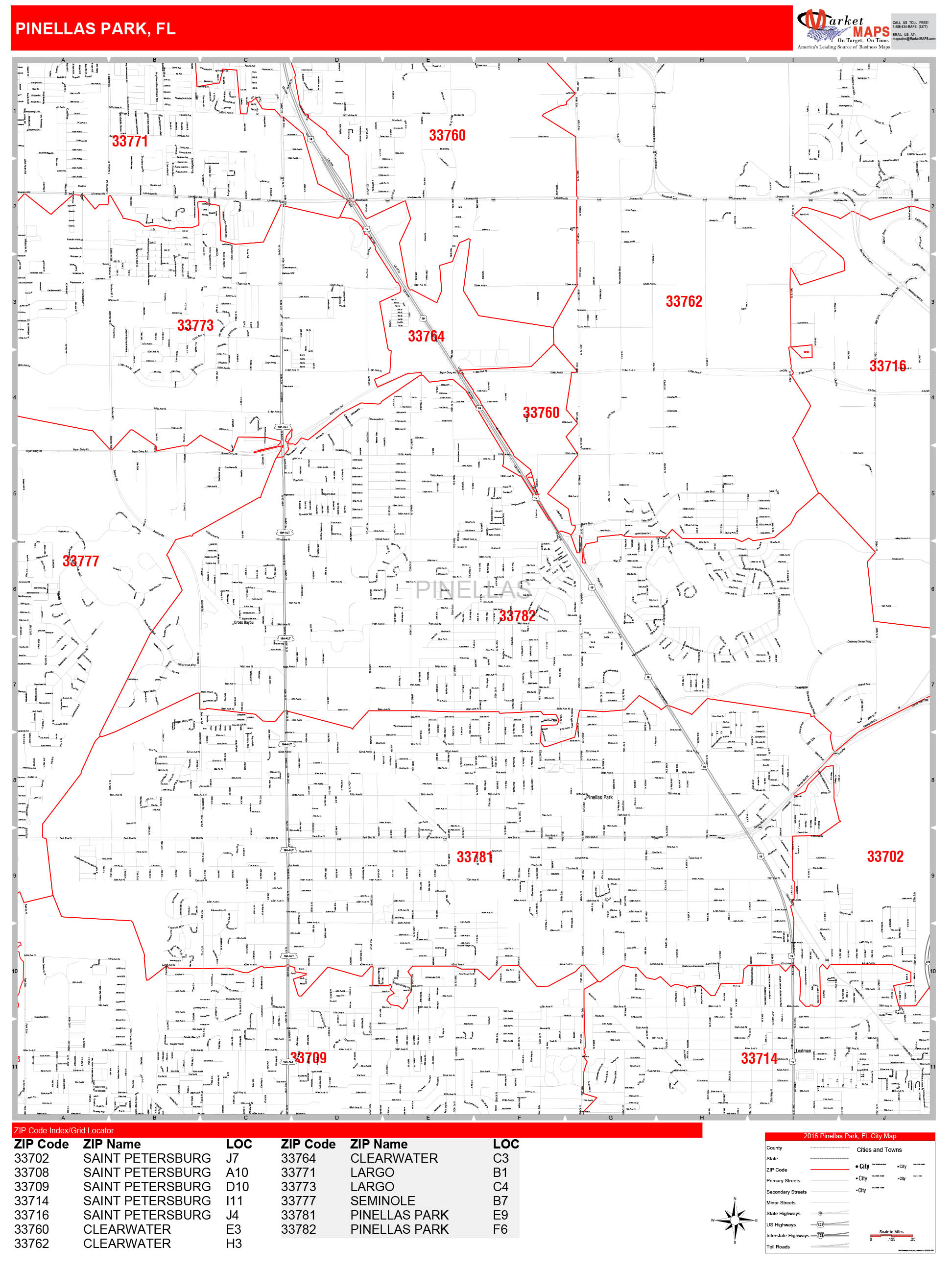 Pinellas Park Florida Zip Code Wall Map (Red Line Style) by MarketMAPS