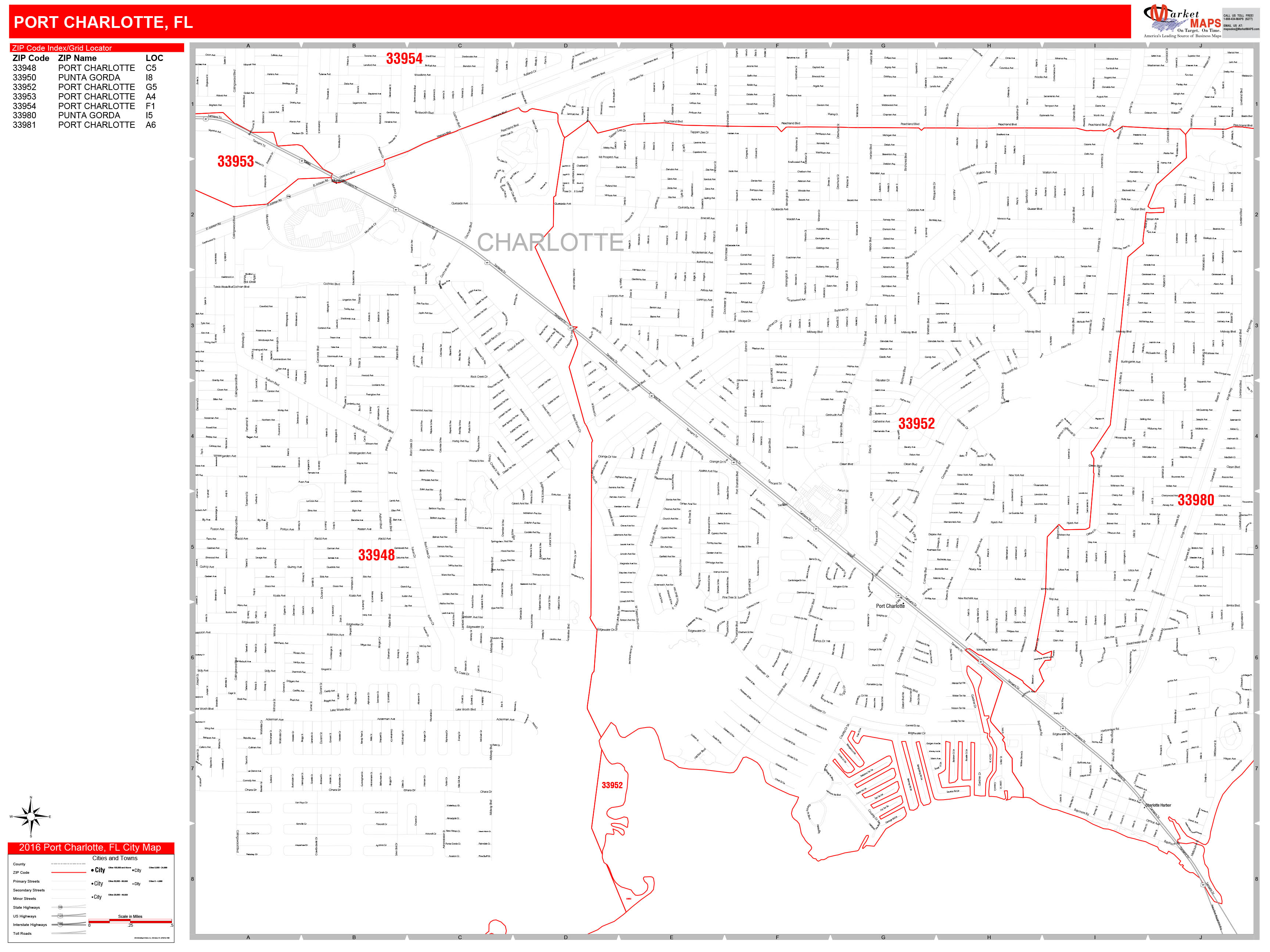 Port Charlotte Florida Zip Code Wall Map (Red Line Style) by MarketMAPS 