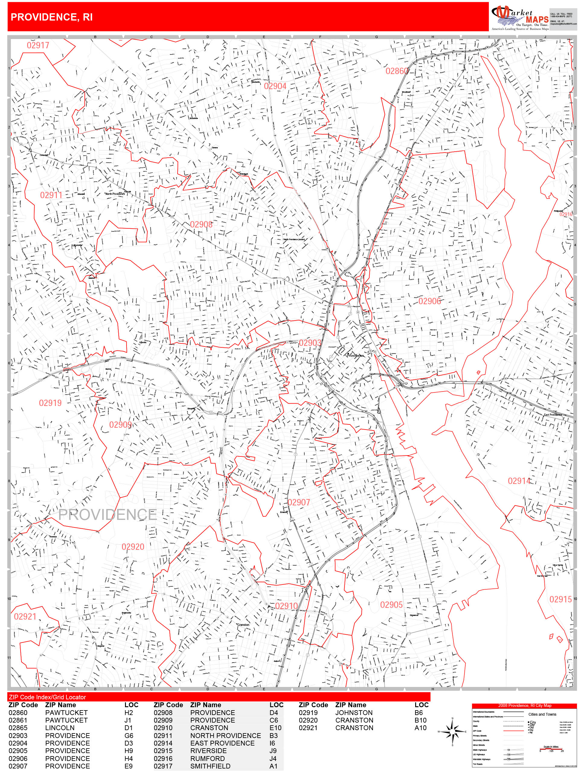 Providence Rhode Island Zip Code Wall Map (Red Line Style) by ...
