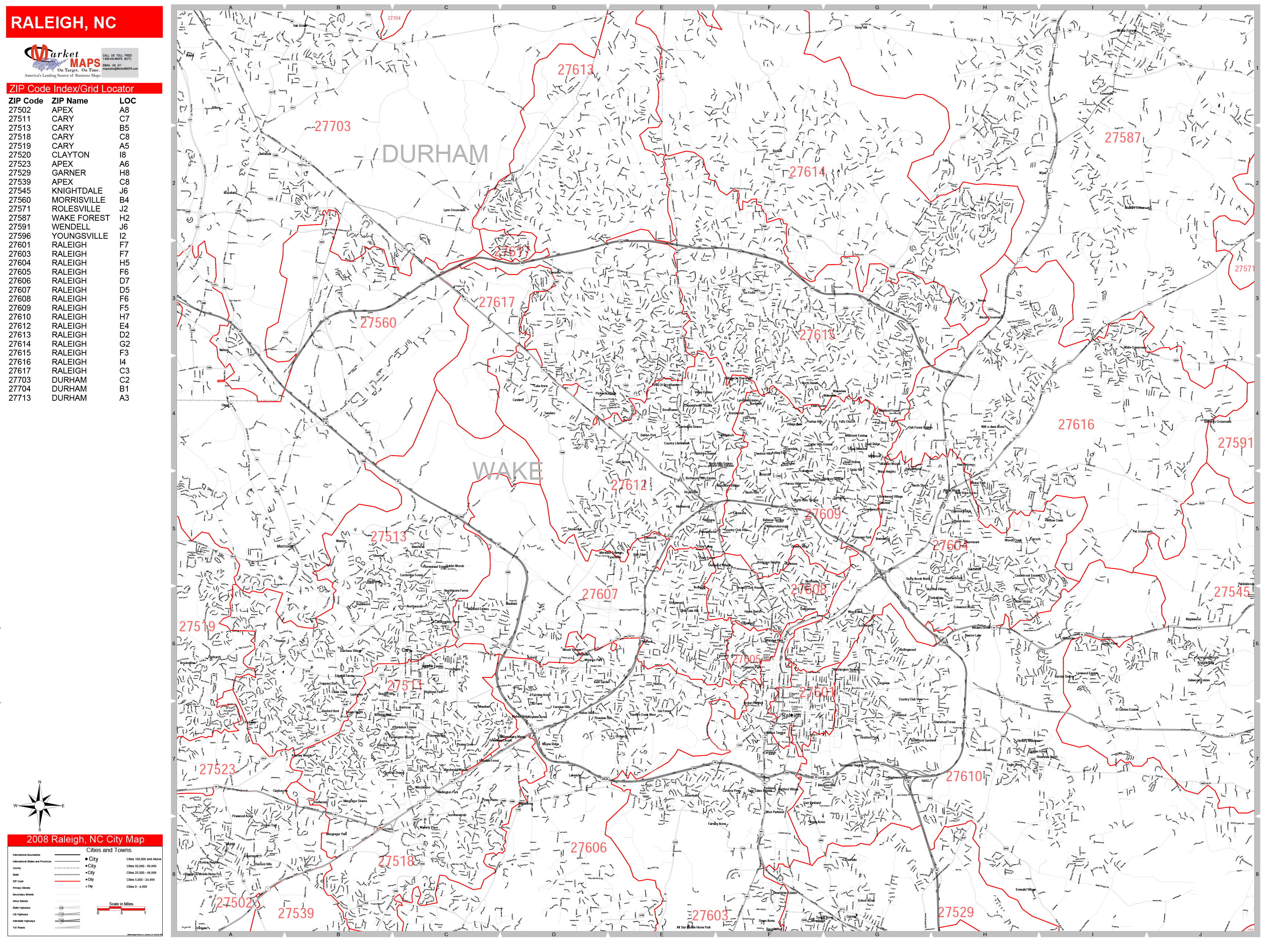 Raleigh North Carolina Zip Code Wall Map (Red Line Style) by MarketMAPS ...