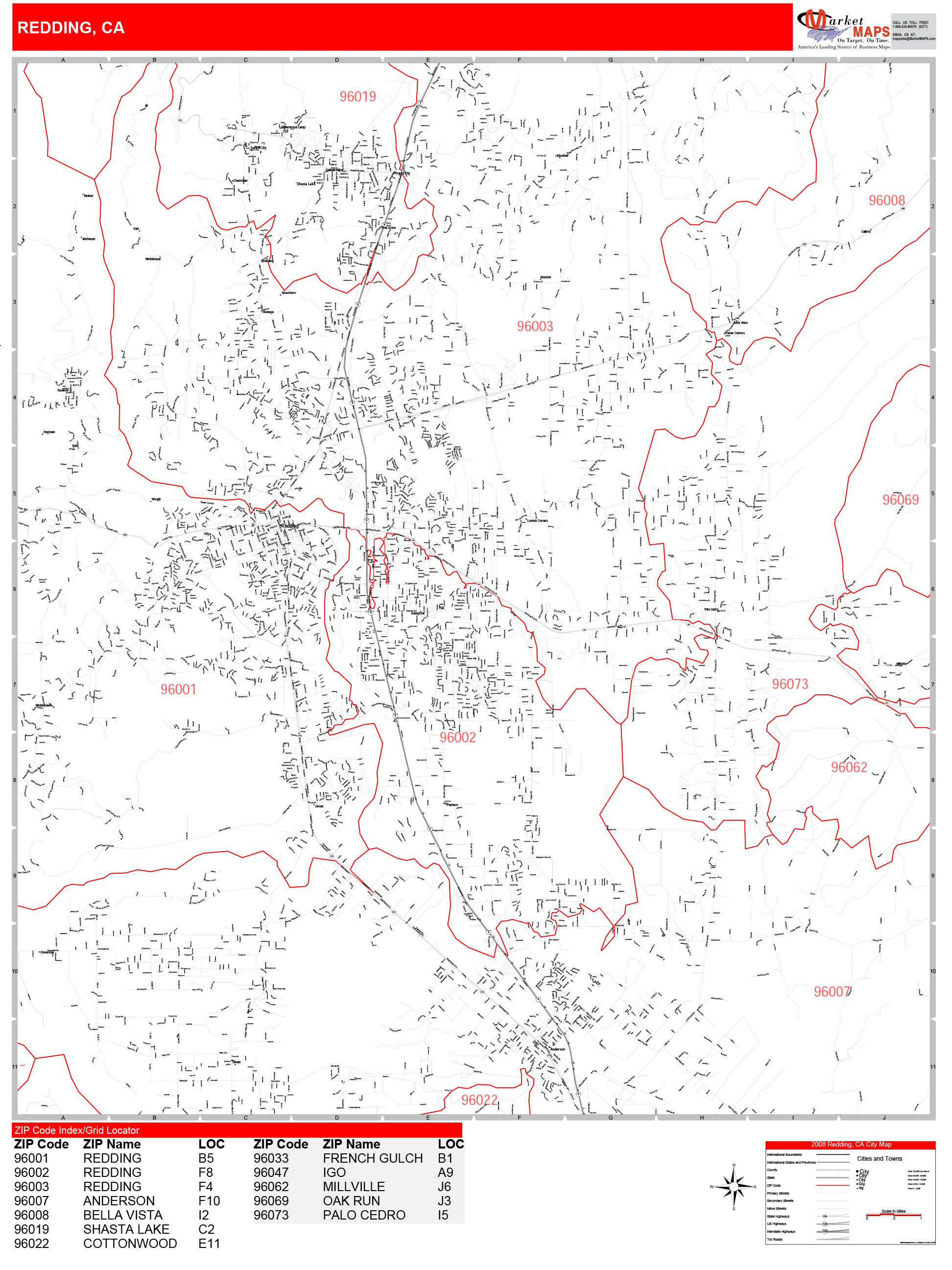 Redding California Zip Code Wall Map (Red Line Style) by MarketMAPS ...