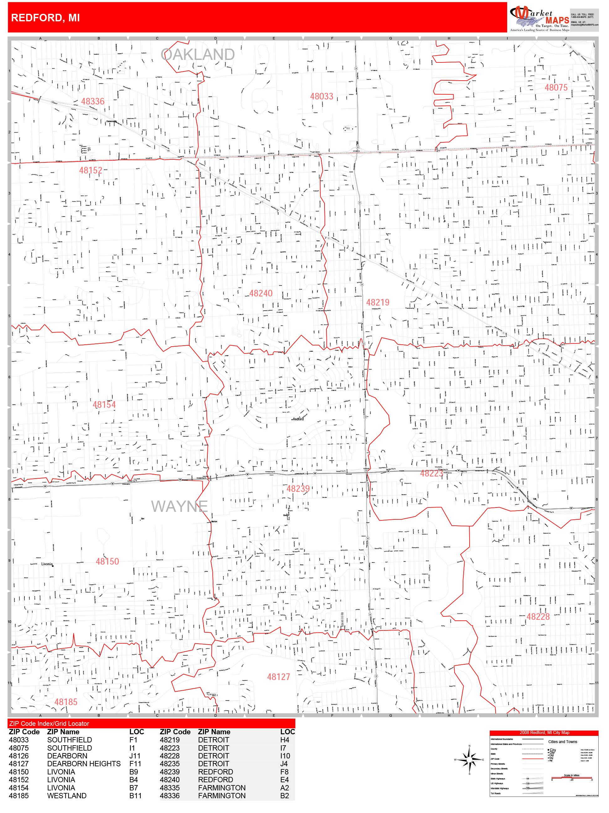 Redford Michigan Zip Code Wall Map (Red Line Style) by MarketMAPS ...