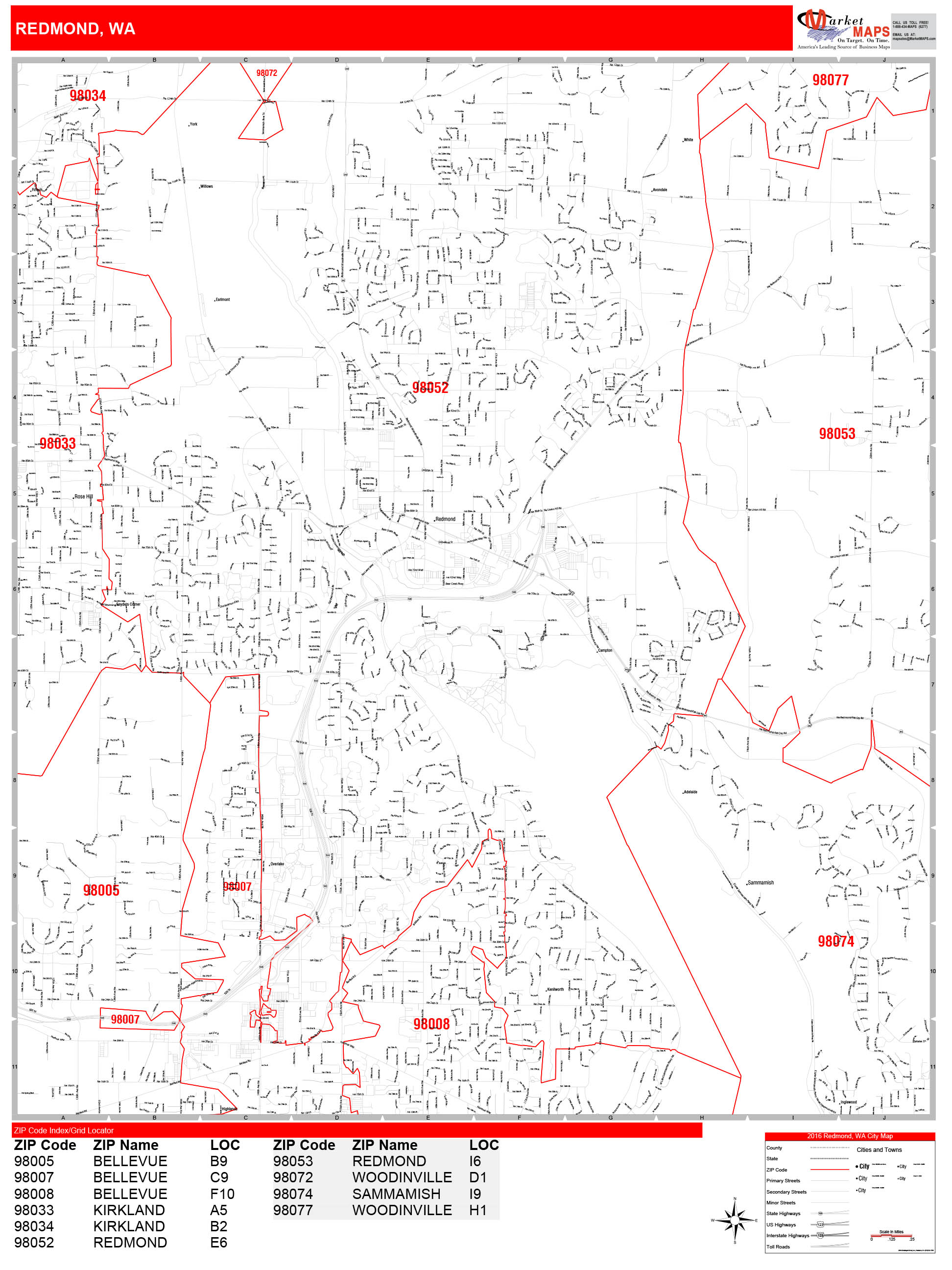 Redmond Washington Zip Code Wall Map Red Line Style By Marketmaps 1747