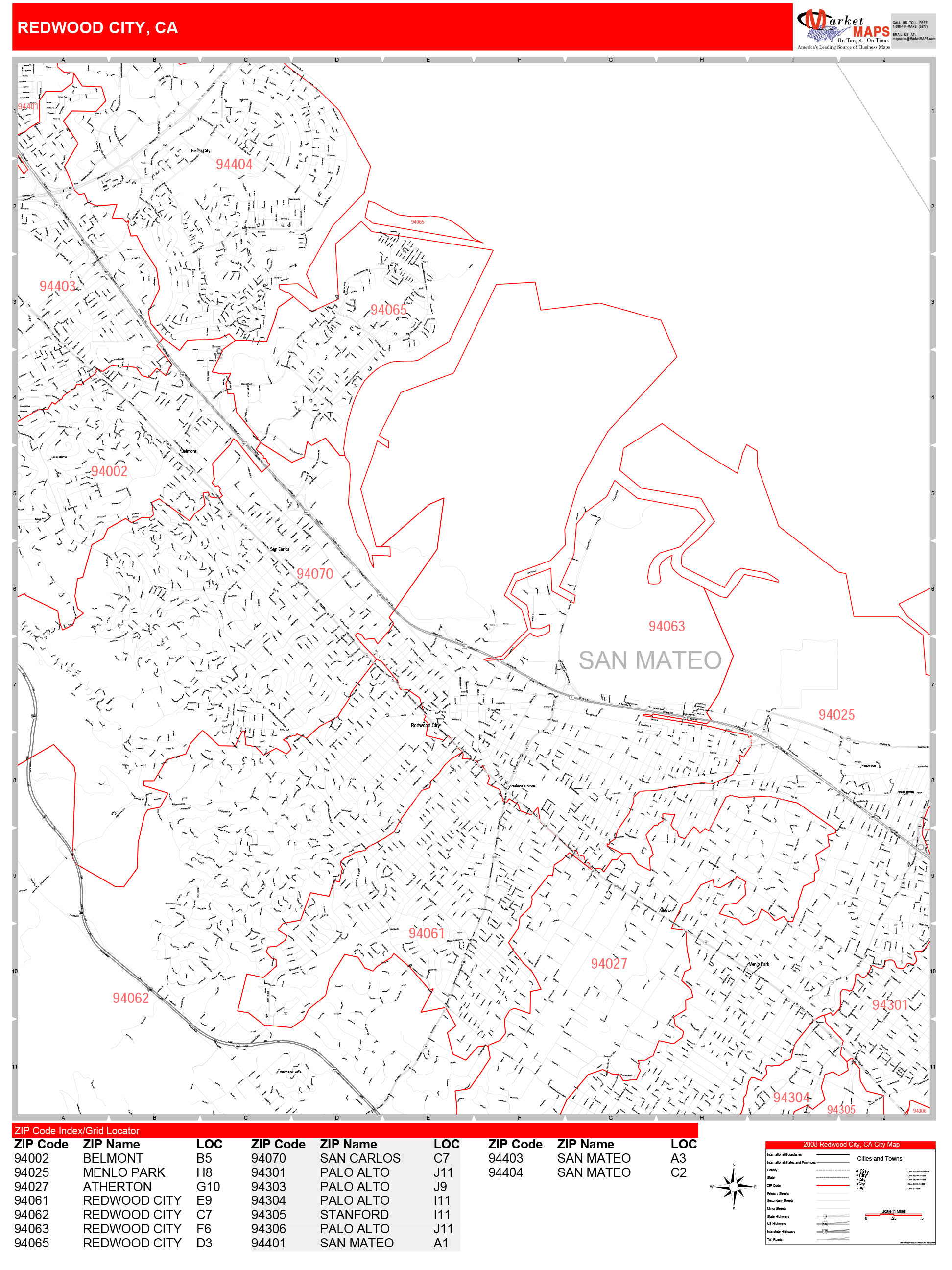 redwood-city-california-zip-code-wall-map-red-line-style-by