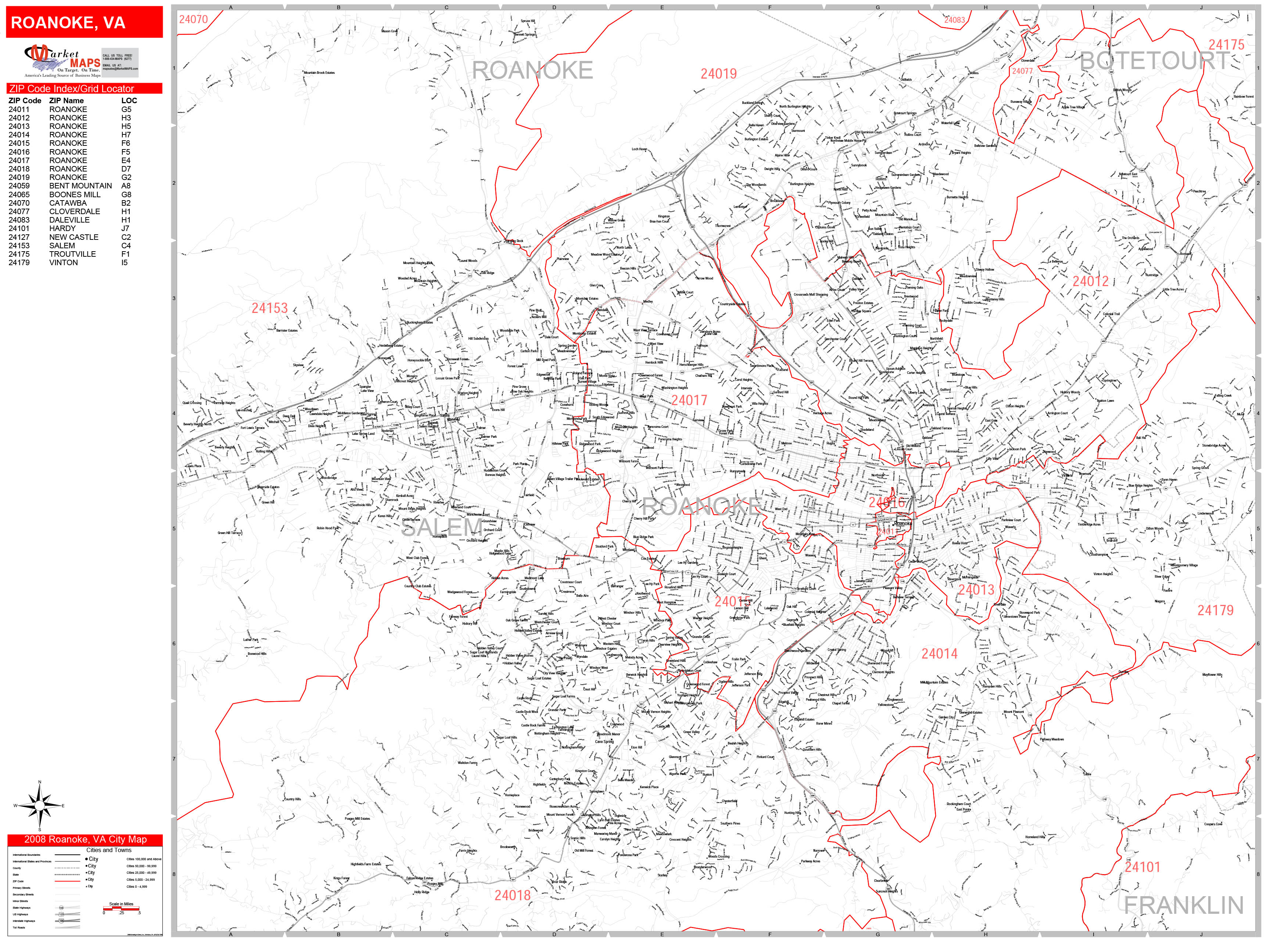 Roanoke Virginia Zip Code Wall Map Red Line Style By MarketMAPS   Roanoke VA 