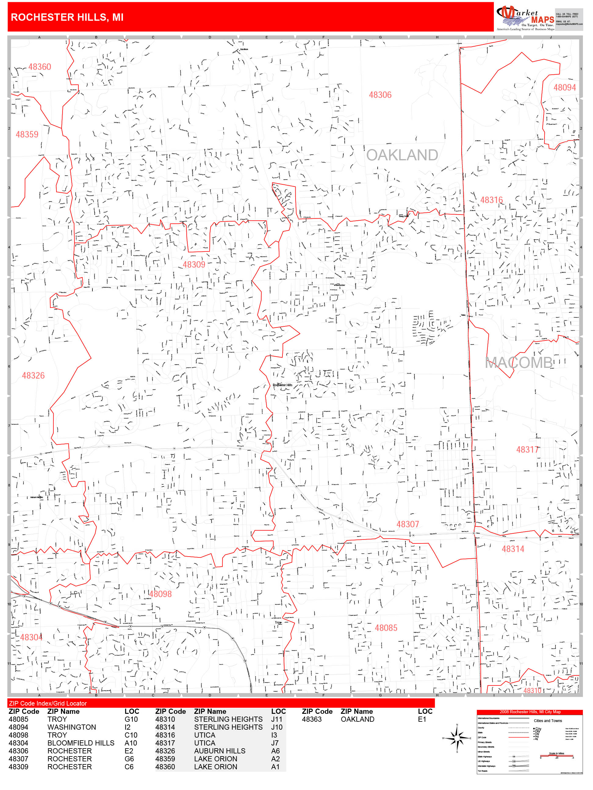 Rochester Hills Michigan Zip Code Wall Map (Red Line Style) by MarketMAPS