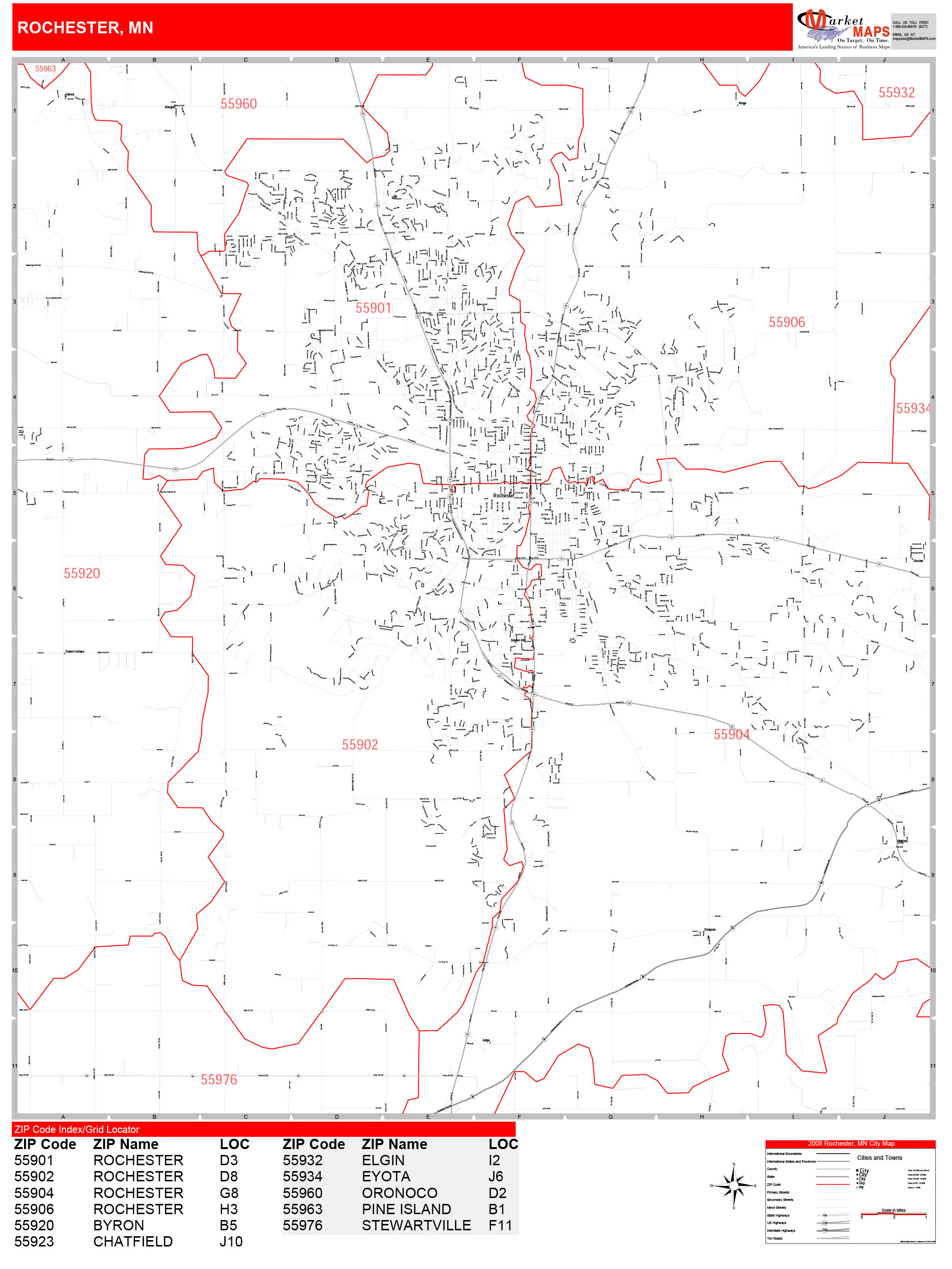 Rochester Minnesota Zip Code Wall Map (Red Line Style) by MarketMAPS 