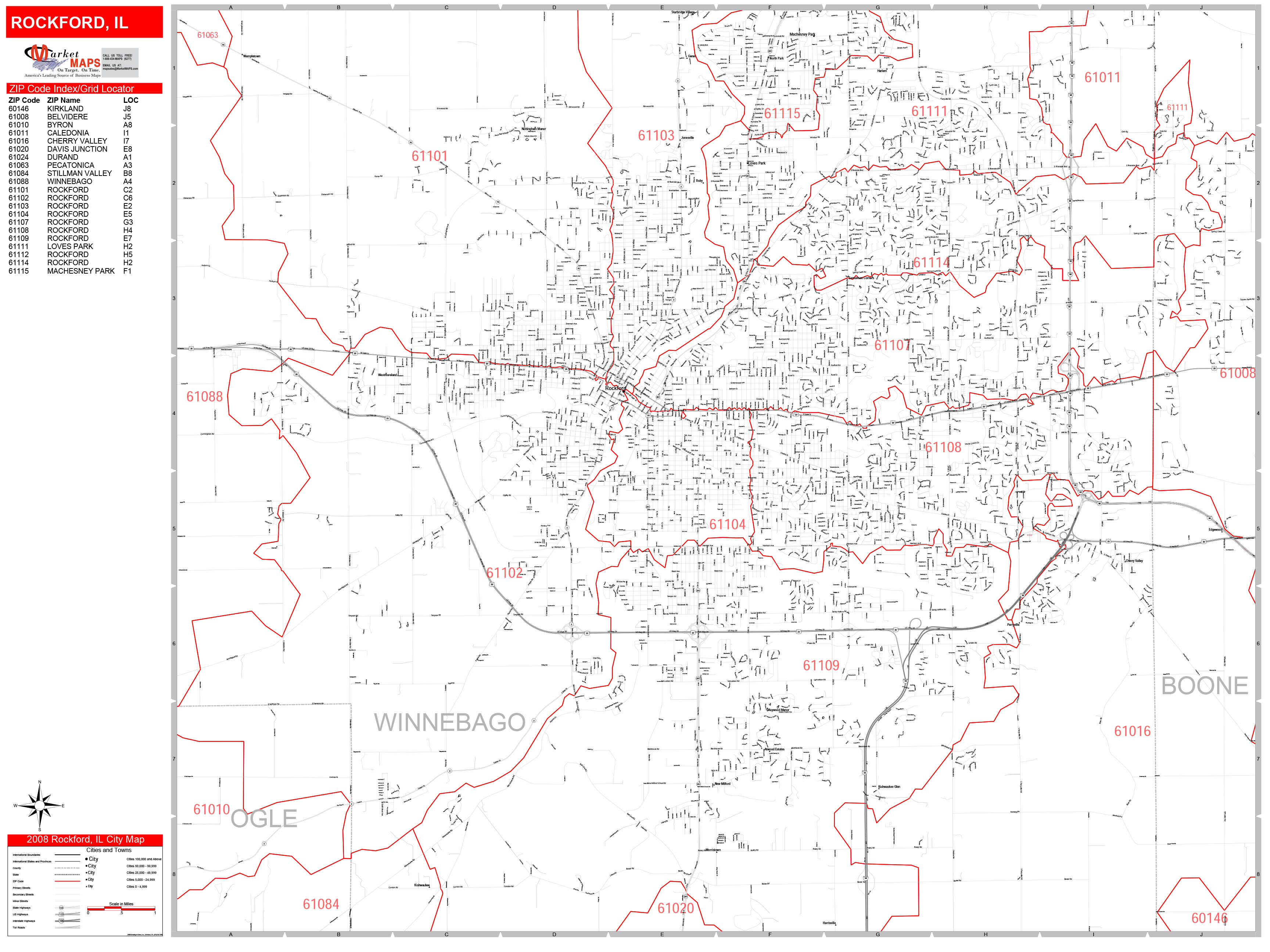 Rockford Illinois Zip Code Wall Map (Red Line Style) by MarketMAPS