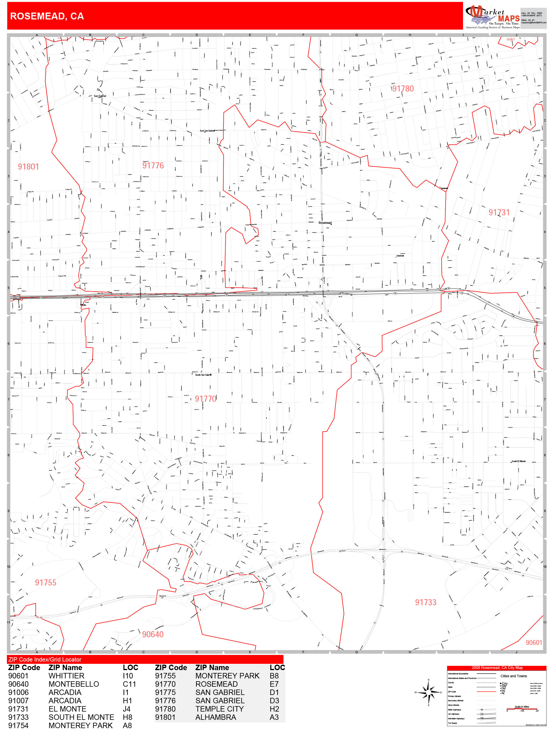 Rosemead California Zip Code Wall Map (Red Line Style) by MarketMAPS - MapSales