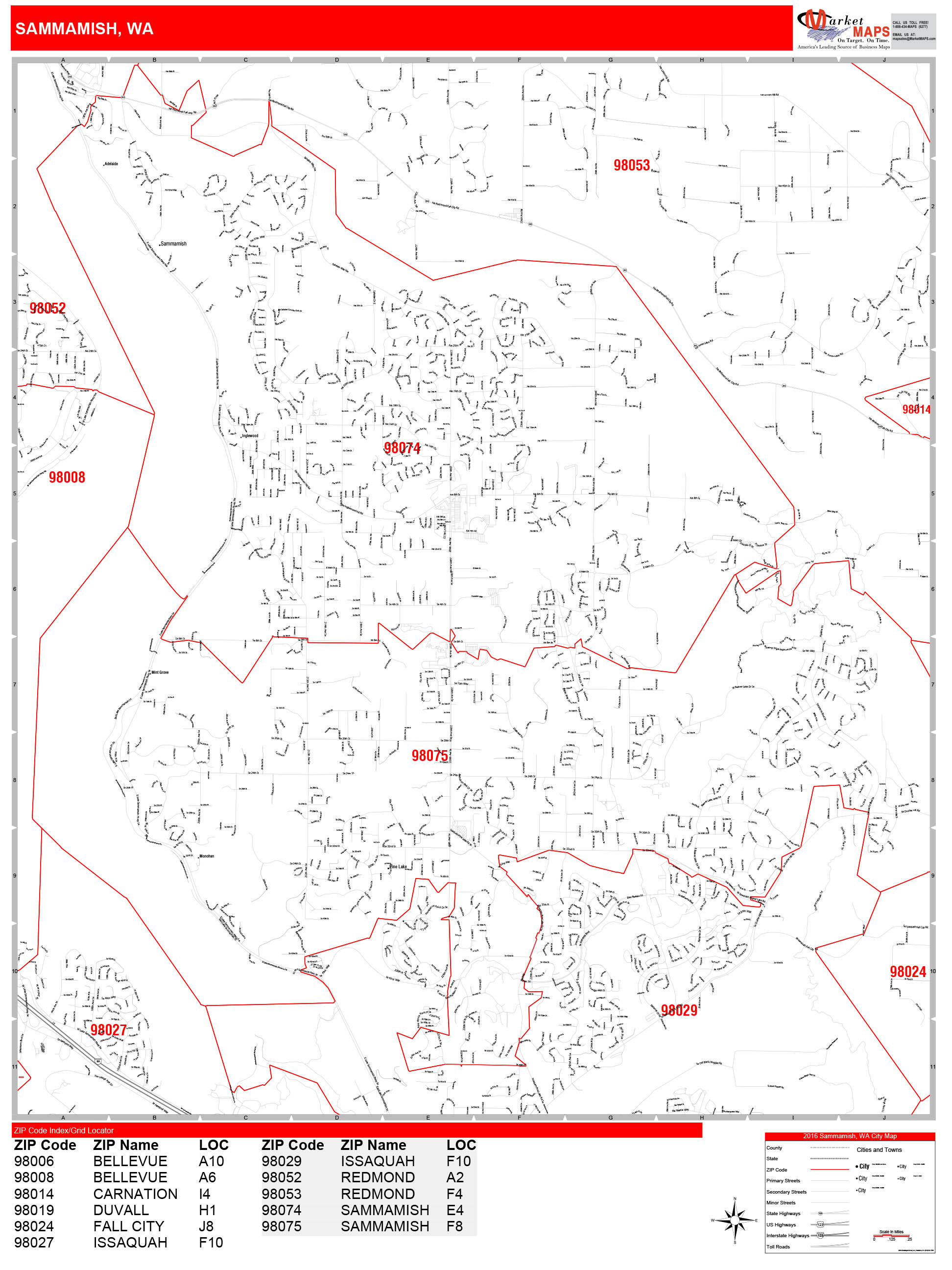 Sammamish Washington Zip Code Wall Map Red Line Style By Marketmaps