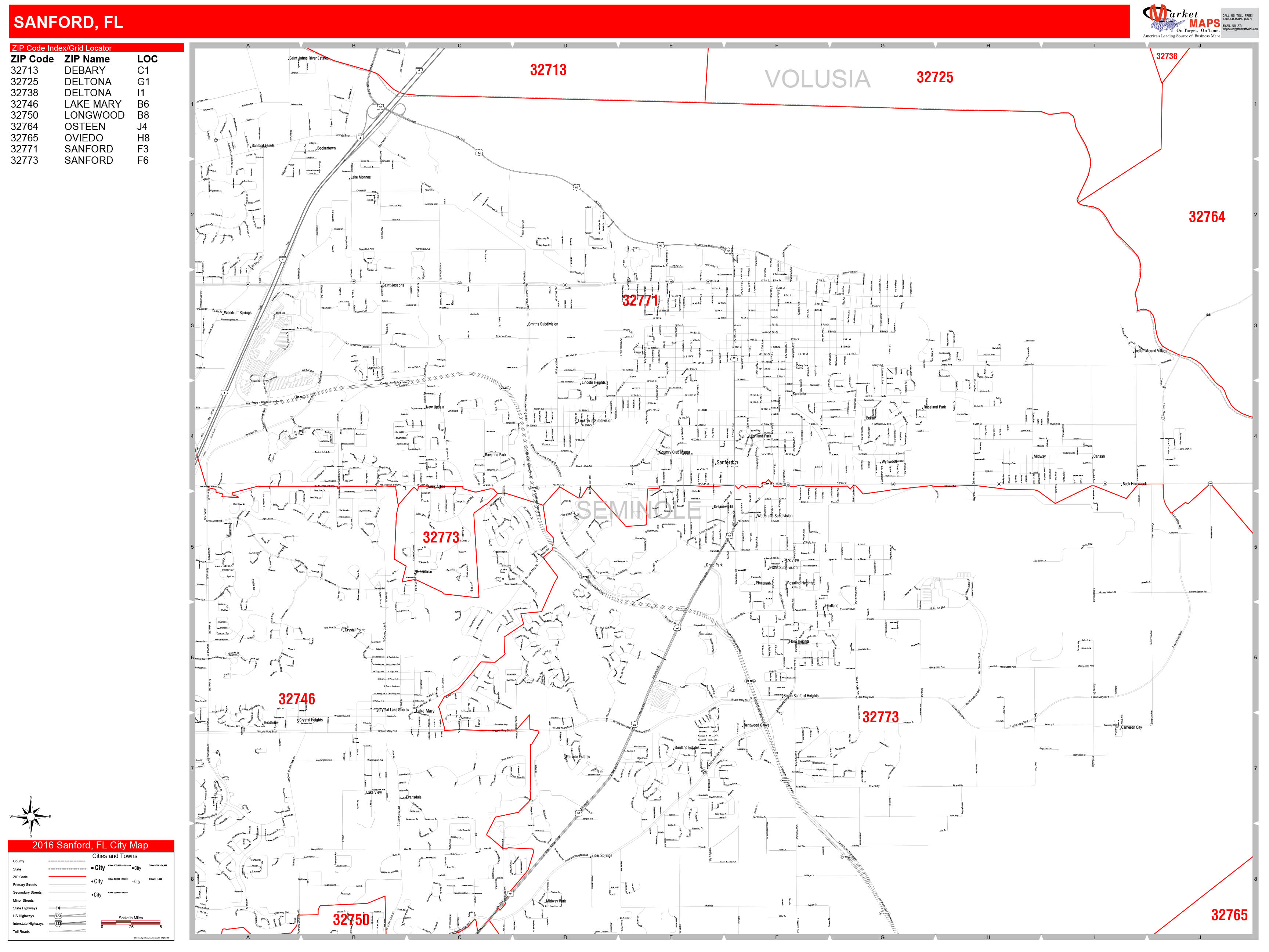 Sanford Florida Zip Code Wall Map (Red Line Style) by MarketMAPS