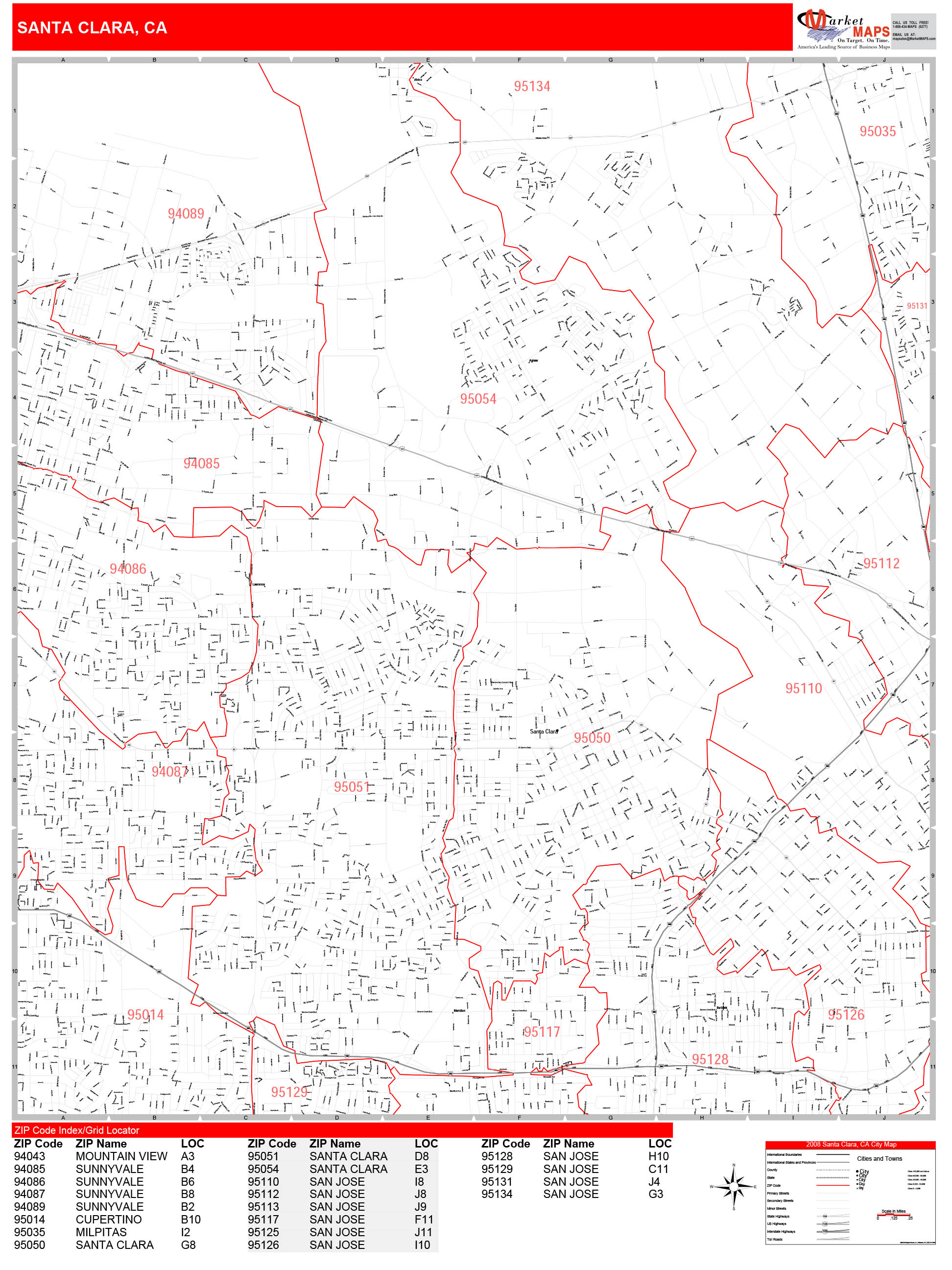 Santa Clara California Zip Code Wall Map Red Line Style By MarketMAPS   SantaClara CA 