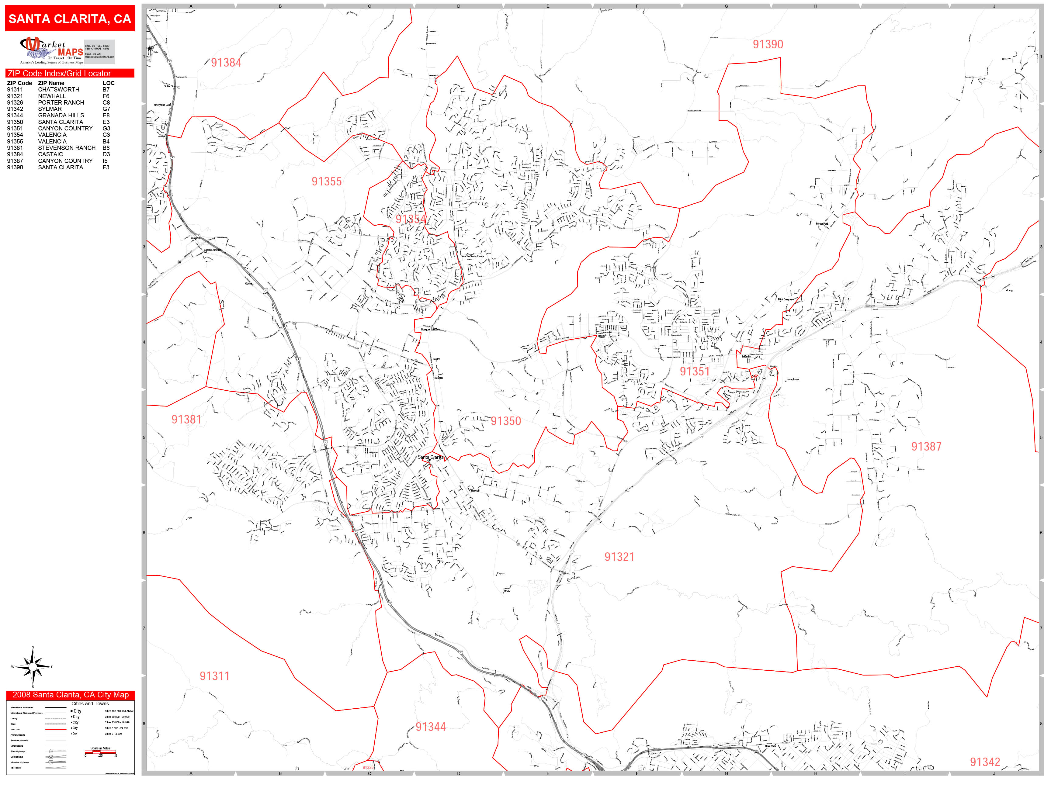 Santa Clarita California Zip Code Wall Map (Red Line Style) by MarketMAPS