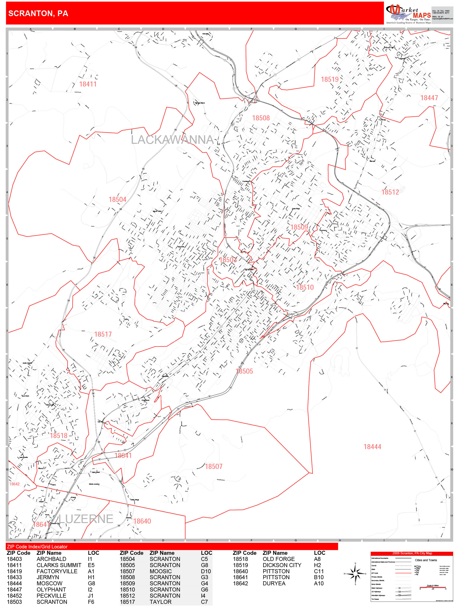 Scranton Pennsylvania Zip Code Wall Map (Red Line Style) by MarketMAPS ...