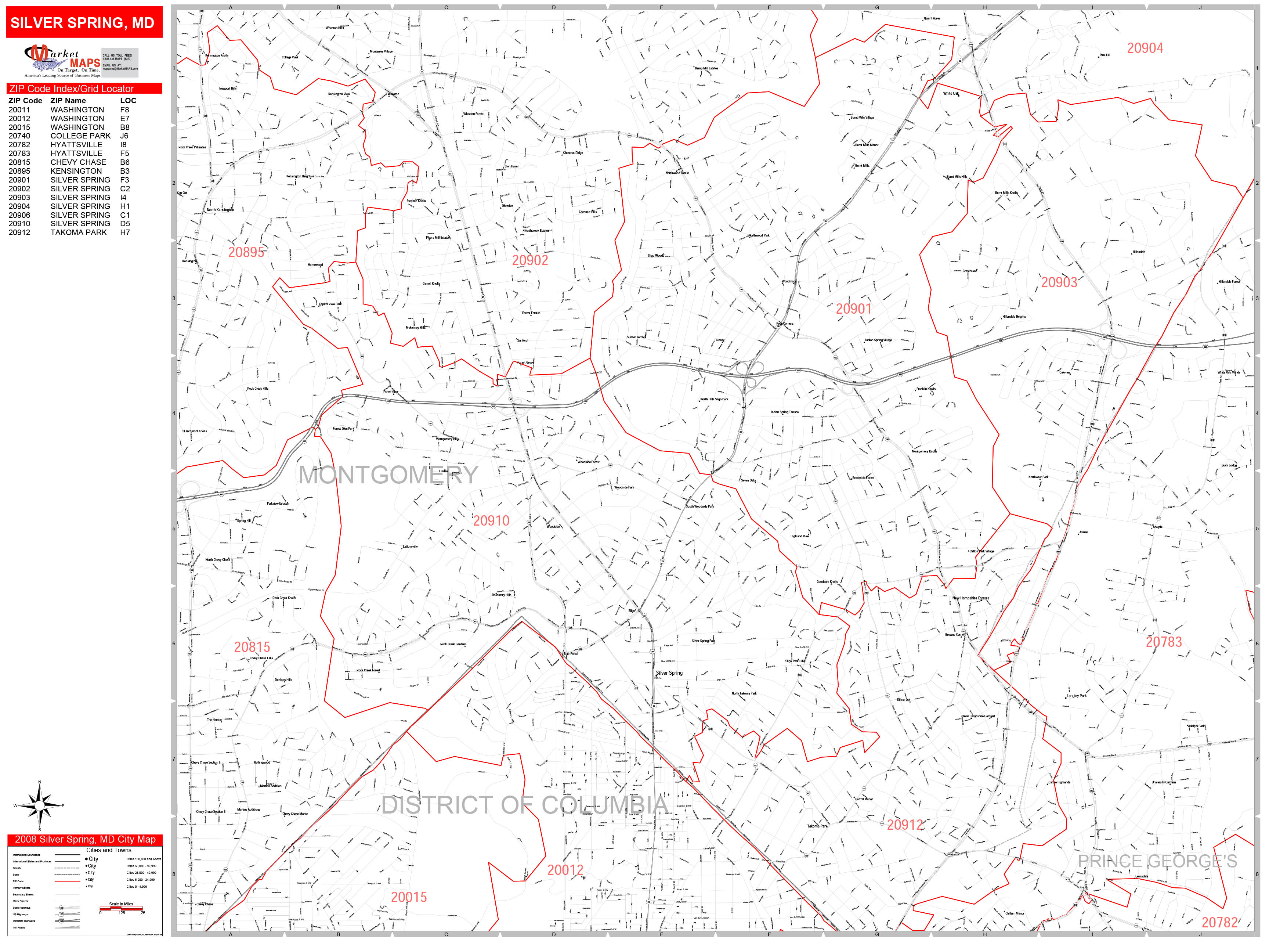 Silver Spring Maryland Zip Code Wall Map (Red Line Style) by MarketMAPS