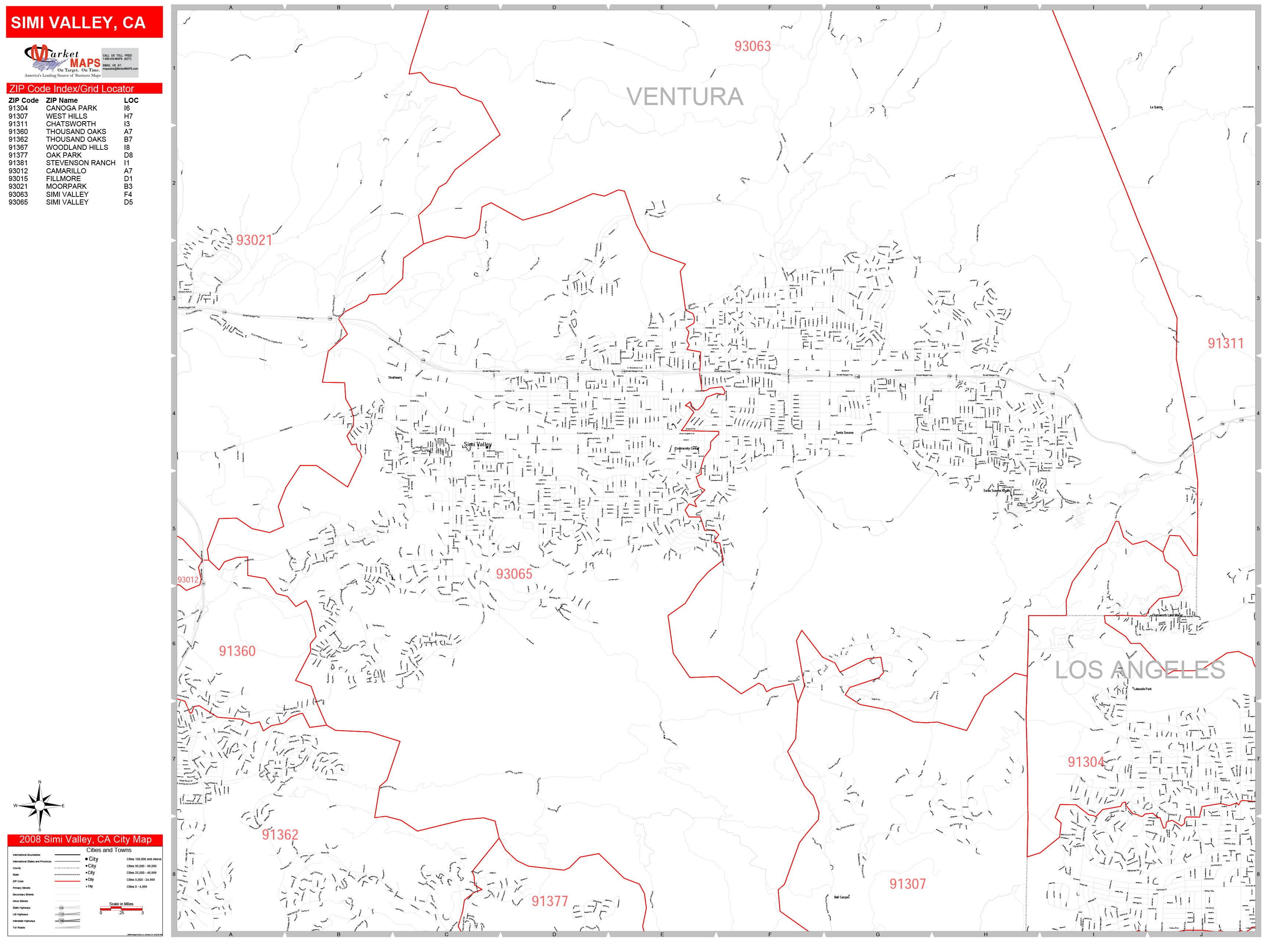 Simi Valley California Zip Code Wall Map (Red Line Style) by MarketMAPS 