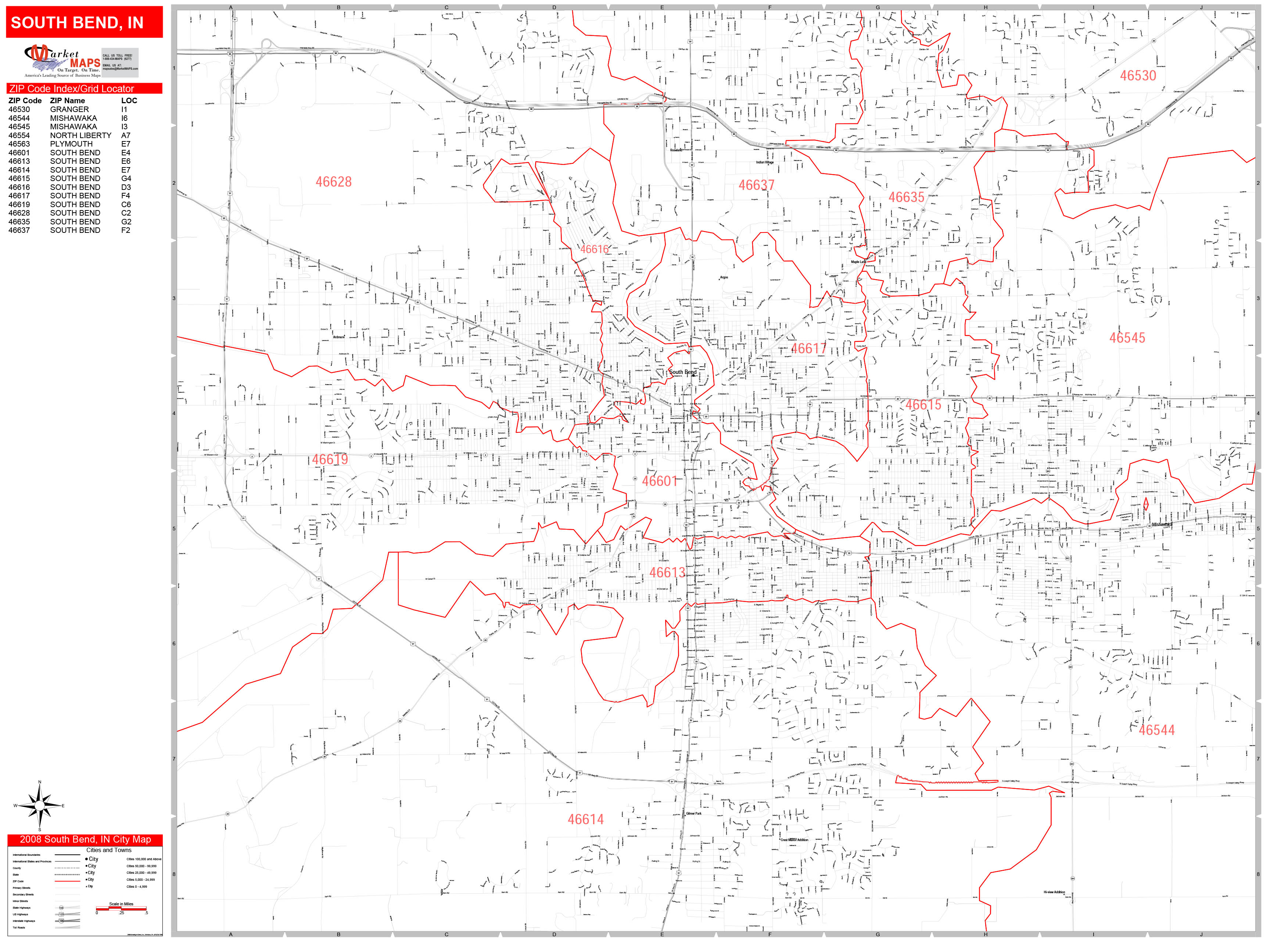 South Bend Indiana Zip Code Wall Map (Red Line Style) by MarketMAPS