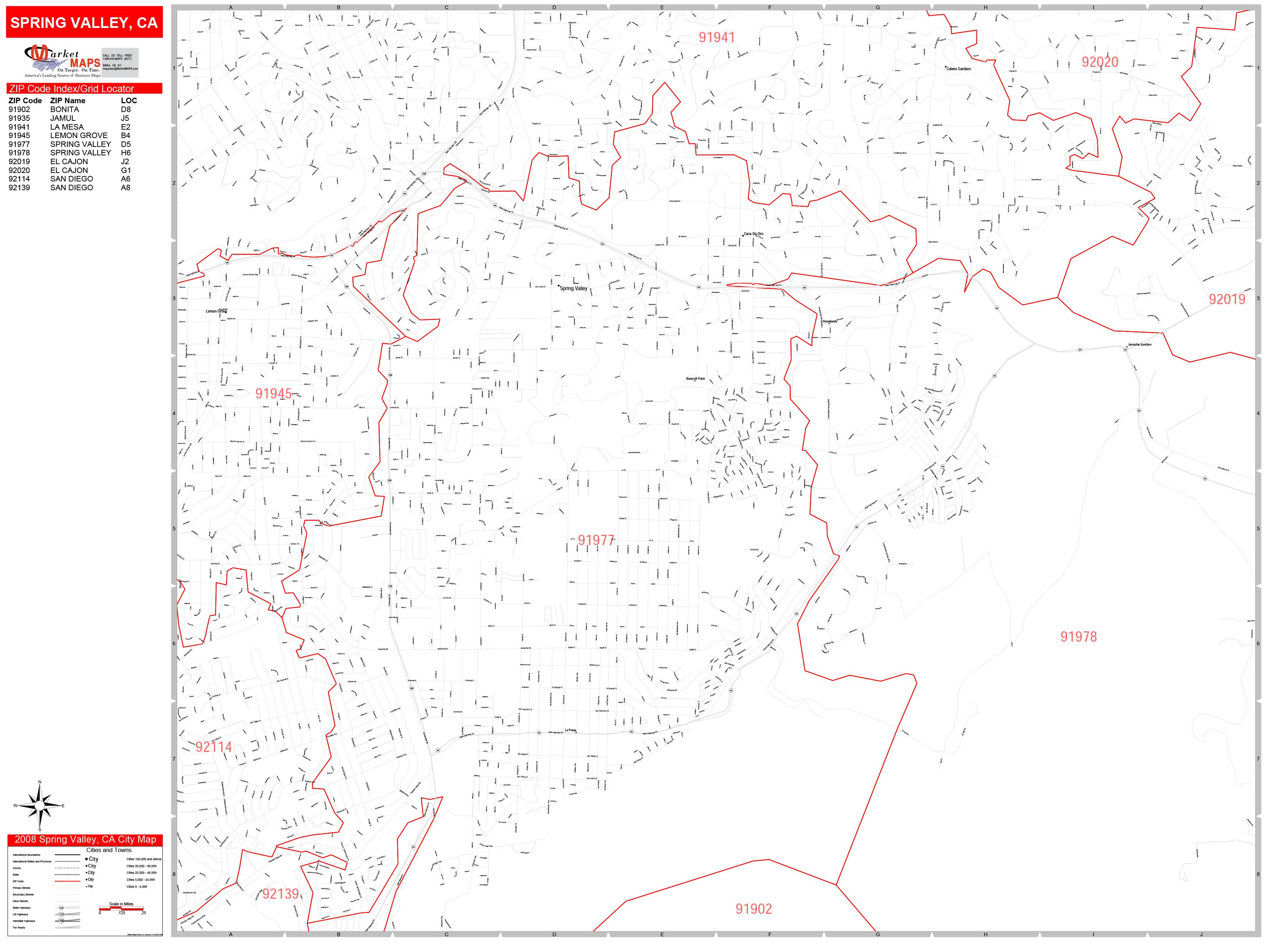 Spring Valley California Zip Code Wall Map (Red Line Style) by MarketMAPS