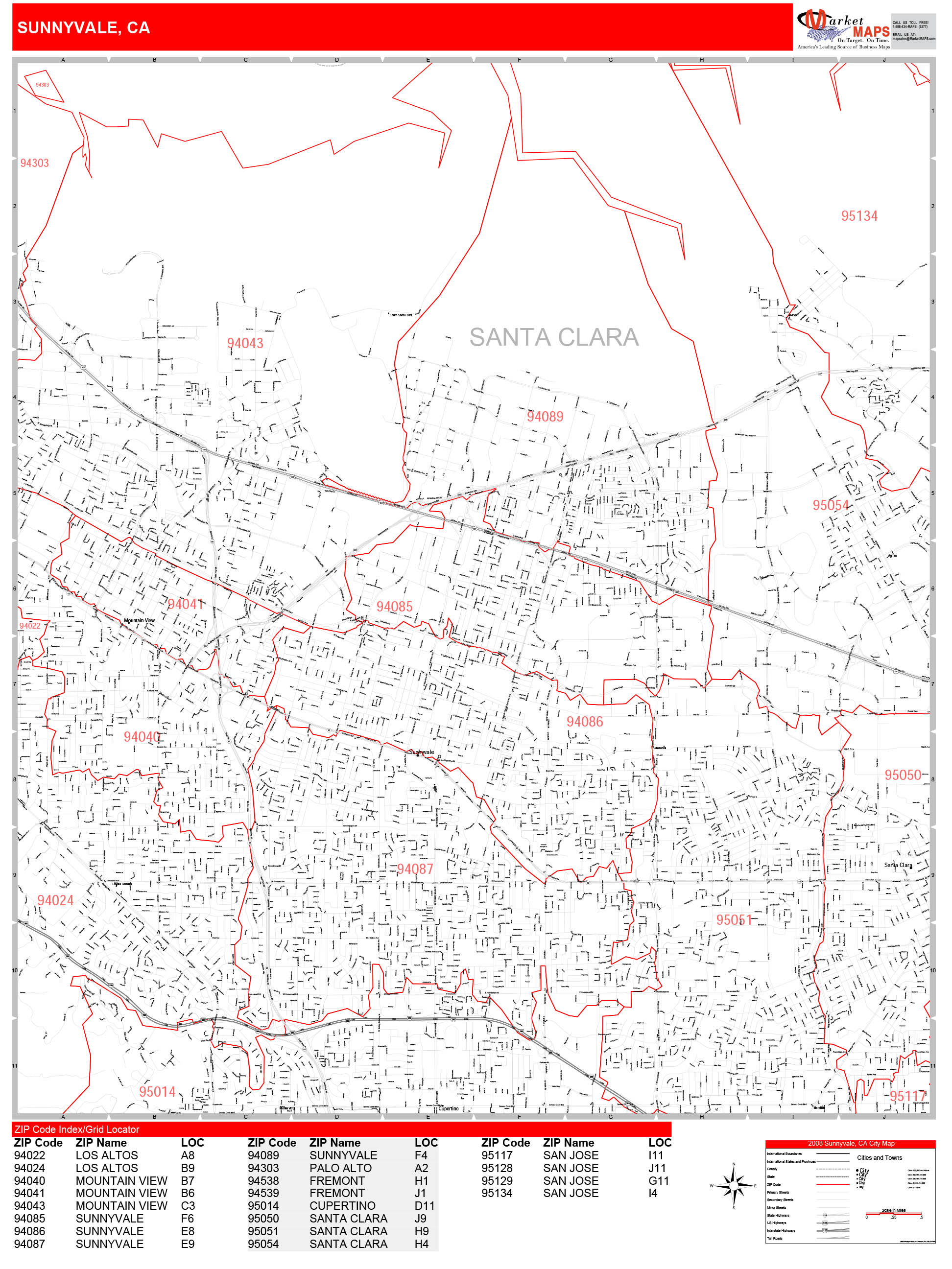 Sunnyvale California Zip Code Wall Map (Red Line Style) by MarketMAPS