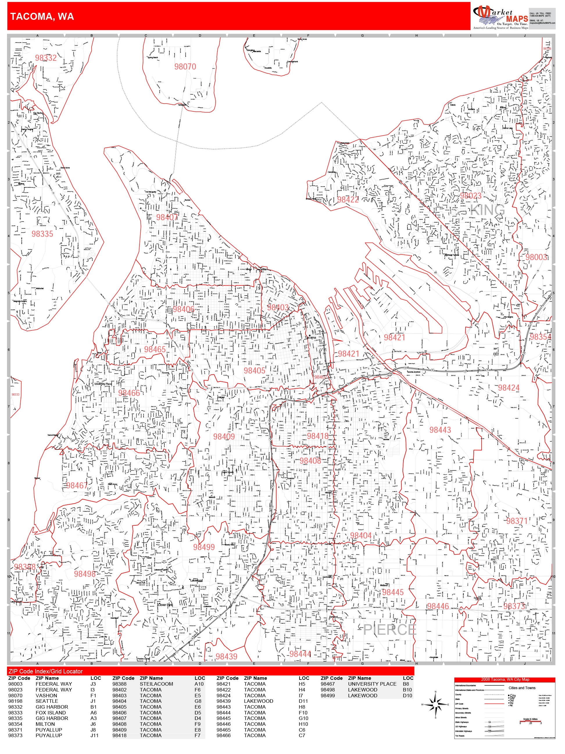 Tacoma Washington Zip Code Wall Map Red Line Style By Marketmaps