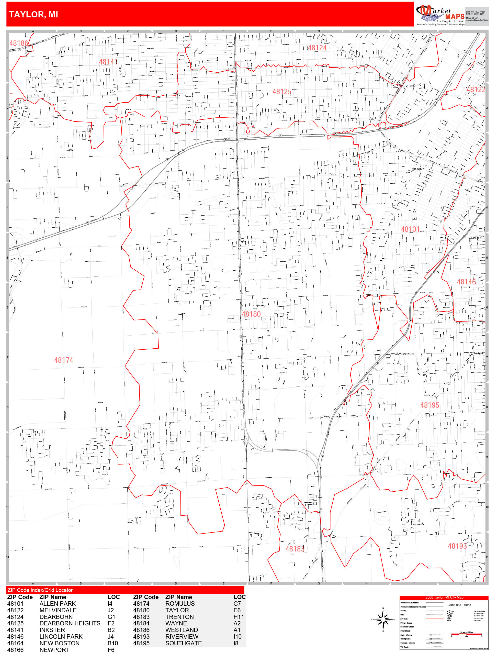 Taylor Michigan Zip Code Wall Map (red Line Style) By Marketmaps 