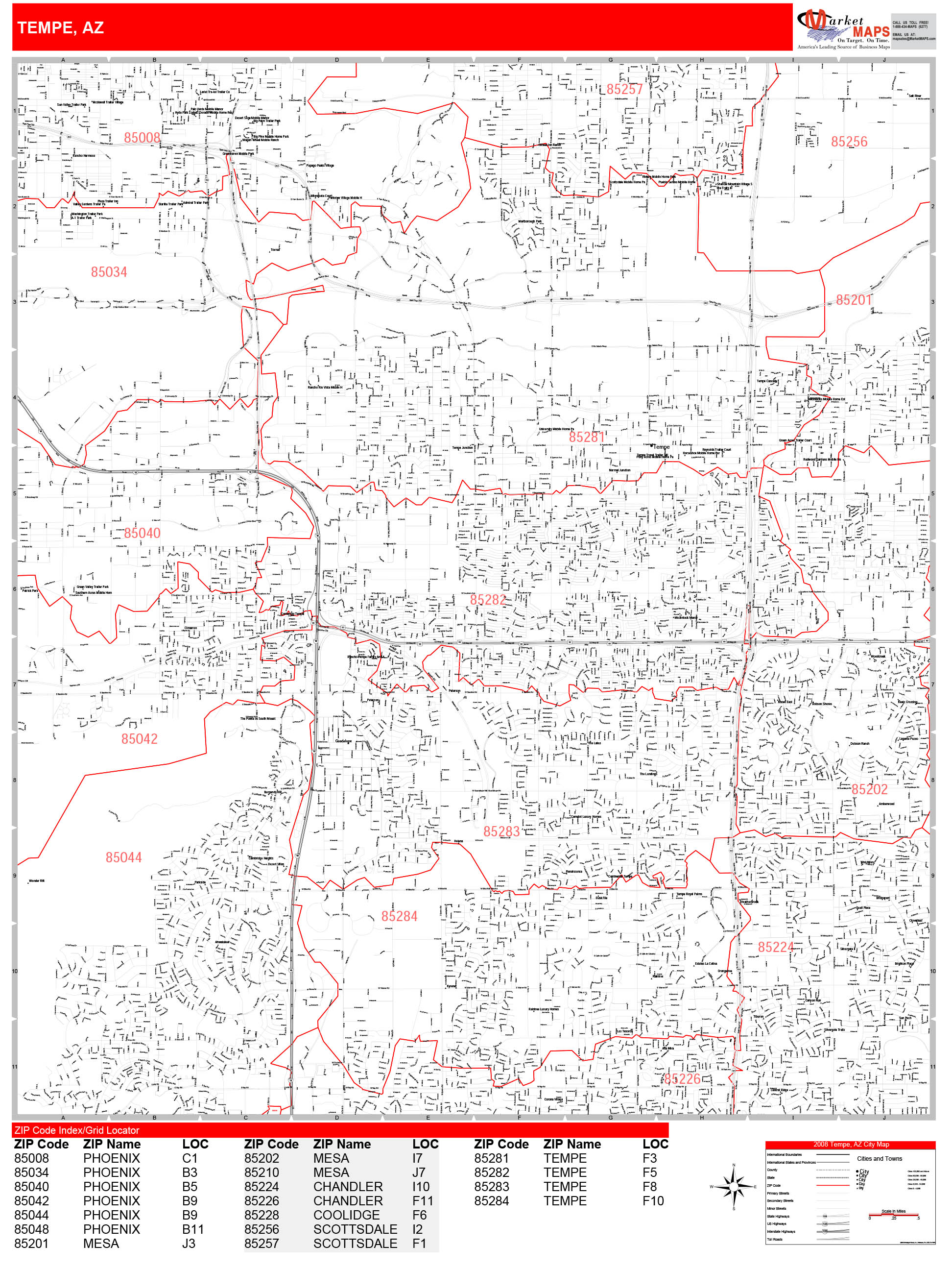 Tempe Arizona Zip Code Wall Map (Red Line Style) by MarketMAPS - MapSales