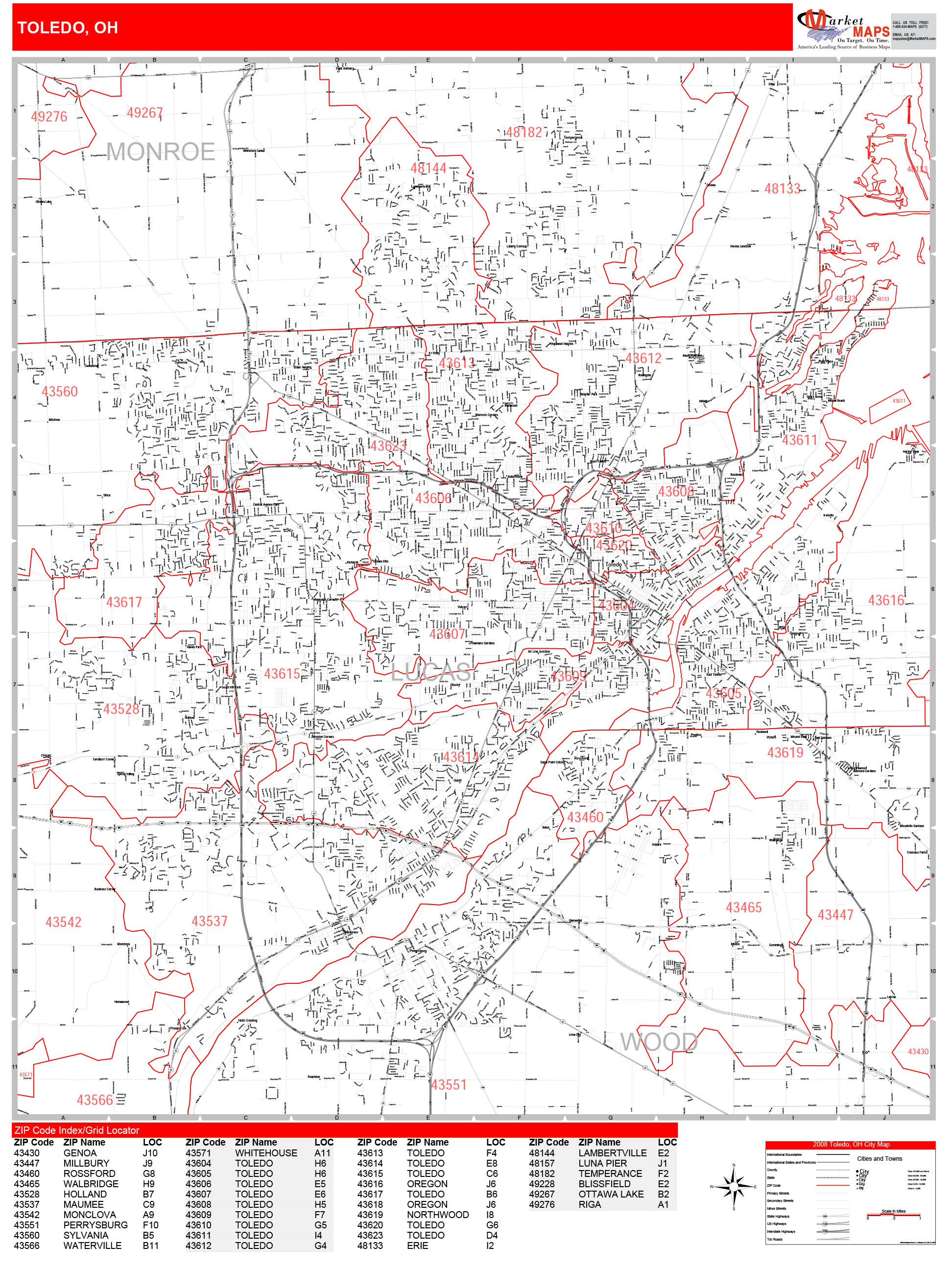 Toledo Ohio Zip Code Wall Map (Red Line Style) by MarketMAPS MapSales