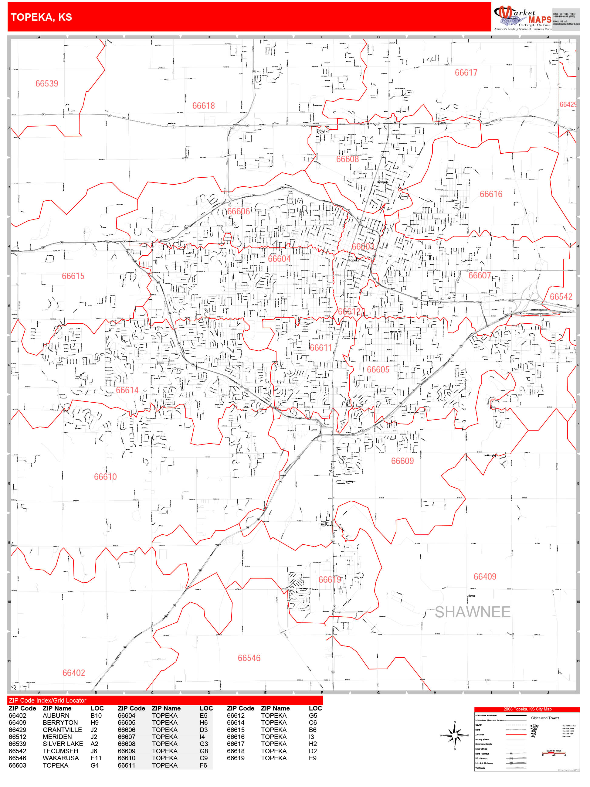 Topeka Kansas Zip Code Wall Map (Red Line Style) by MarketMAPS MapSales