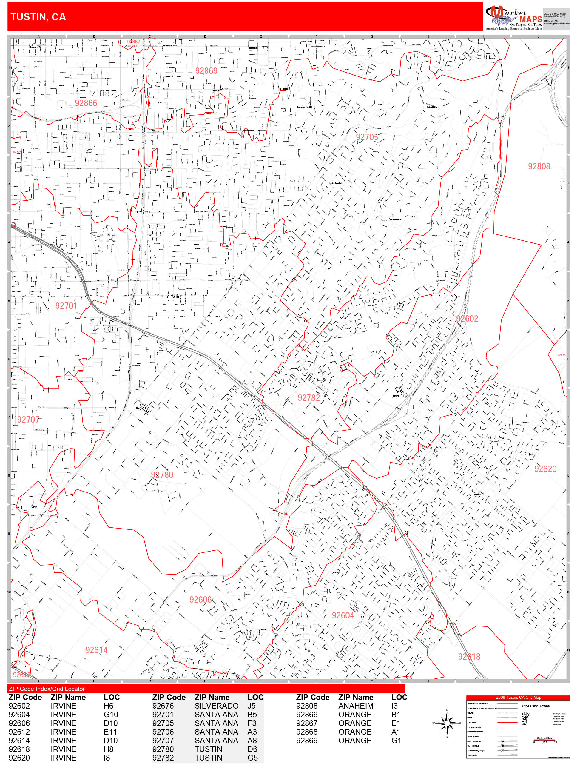 Tustin California Zip Code Wall Map (Red Line Style) by MarketMAPS