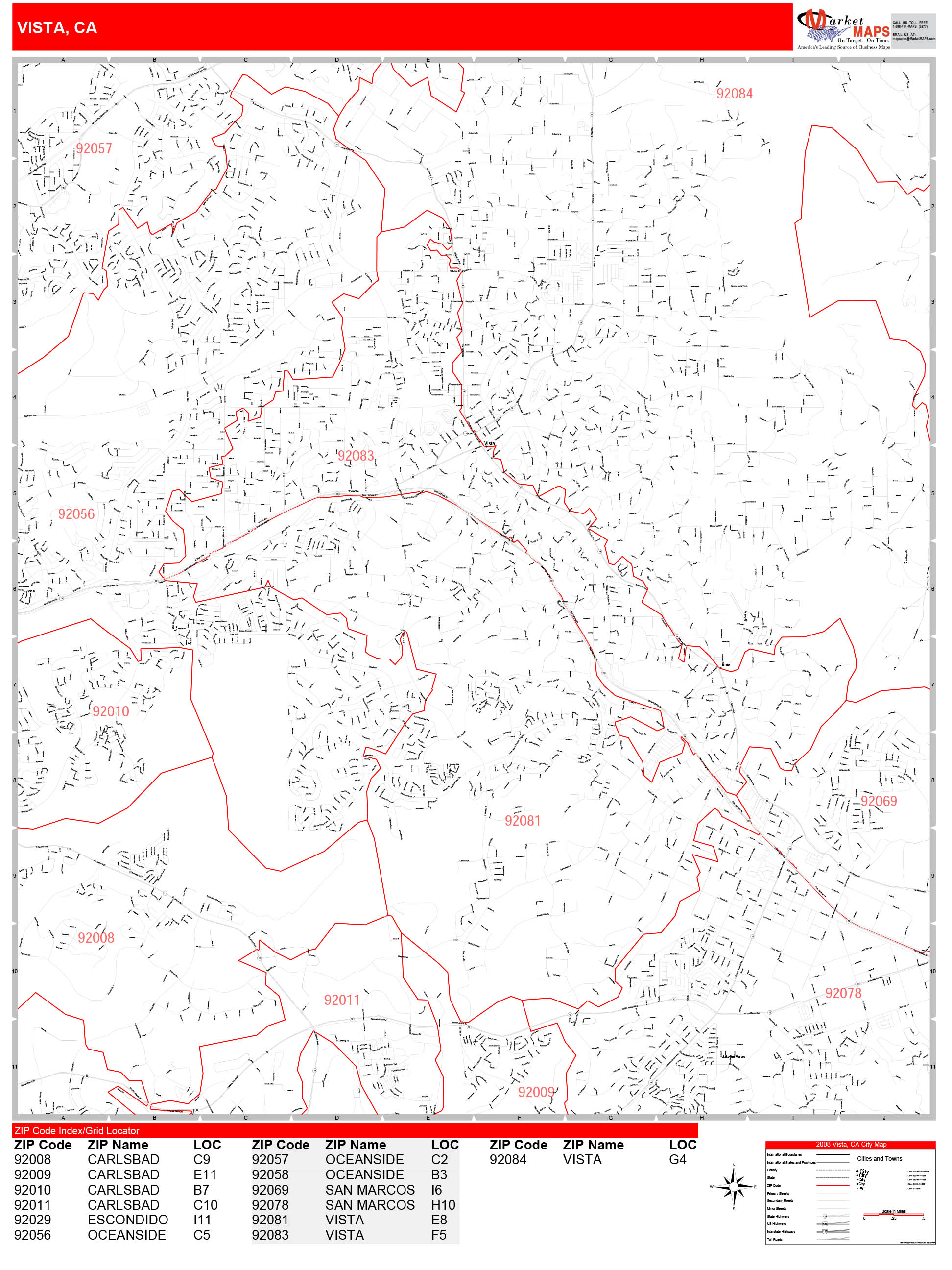 Vista California Zip Code Wall Map (Red Line Style) by MarketMAPS