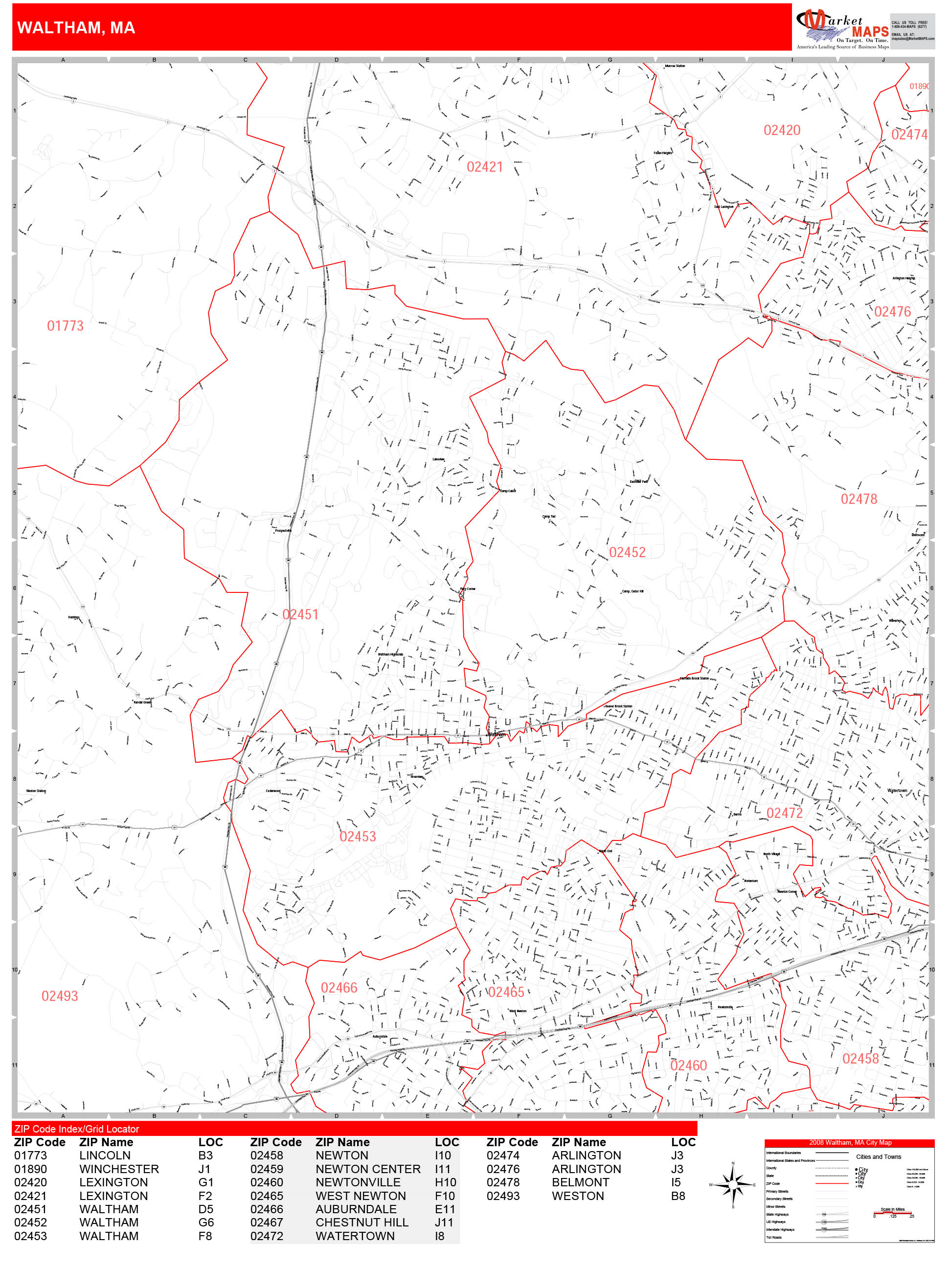 Waltham Massachusetts Zip Code Wall Map (Red Line Style) by MarketMAPS ...