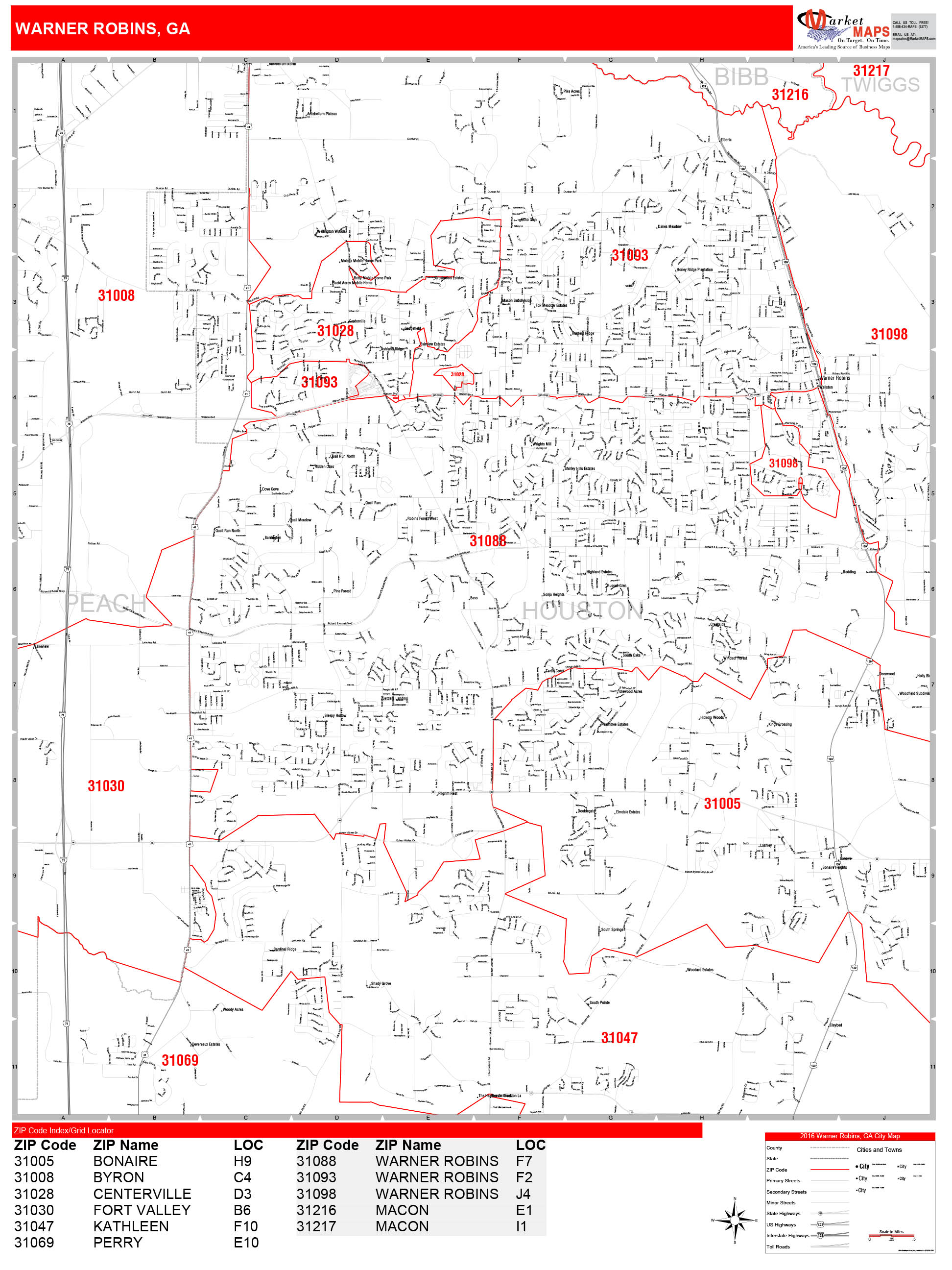 Warner Robins Georgia Zip Code Wall Map Red Line Style By Marketmaps 3909