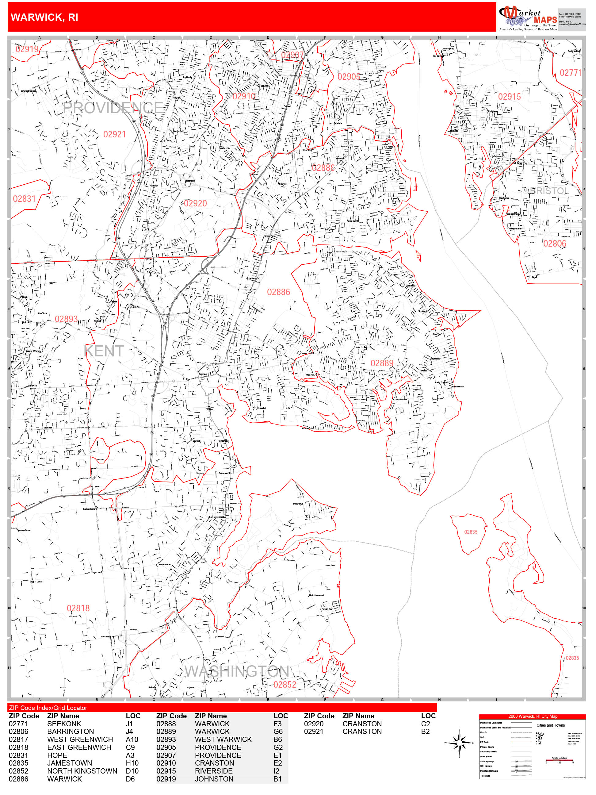 Warwick Rhode Island Zip Code Wall Map (Red Line Style) by MarketMAPS ...