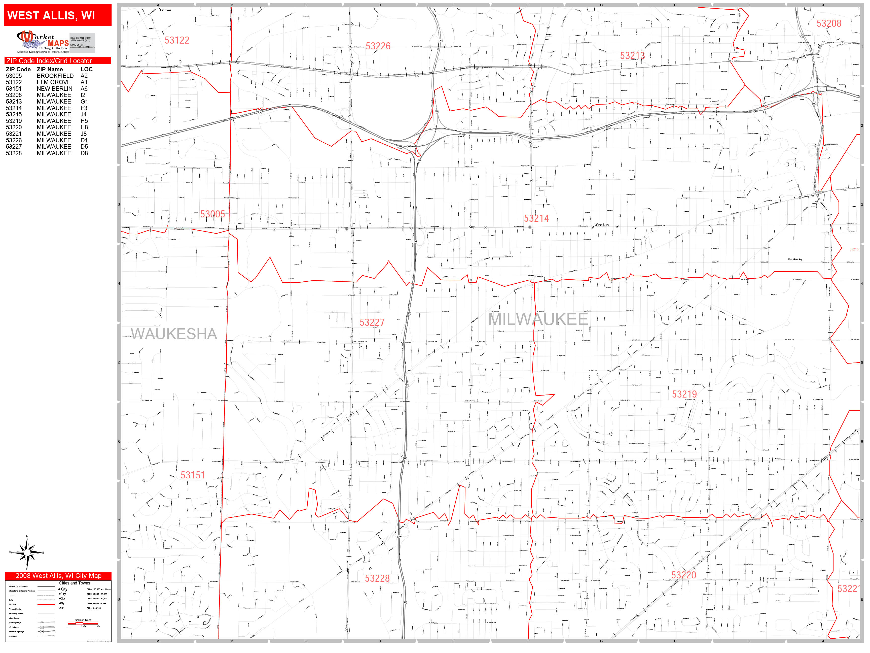 West Allis Wisconsin Zip Code Wall Map (Red Line Style) by MarketMAPS