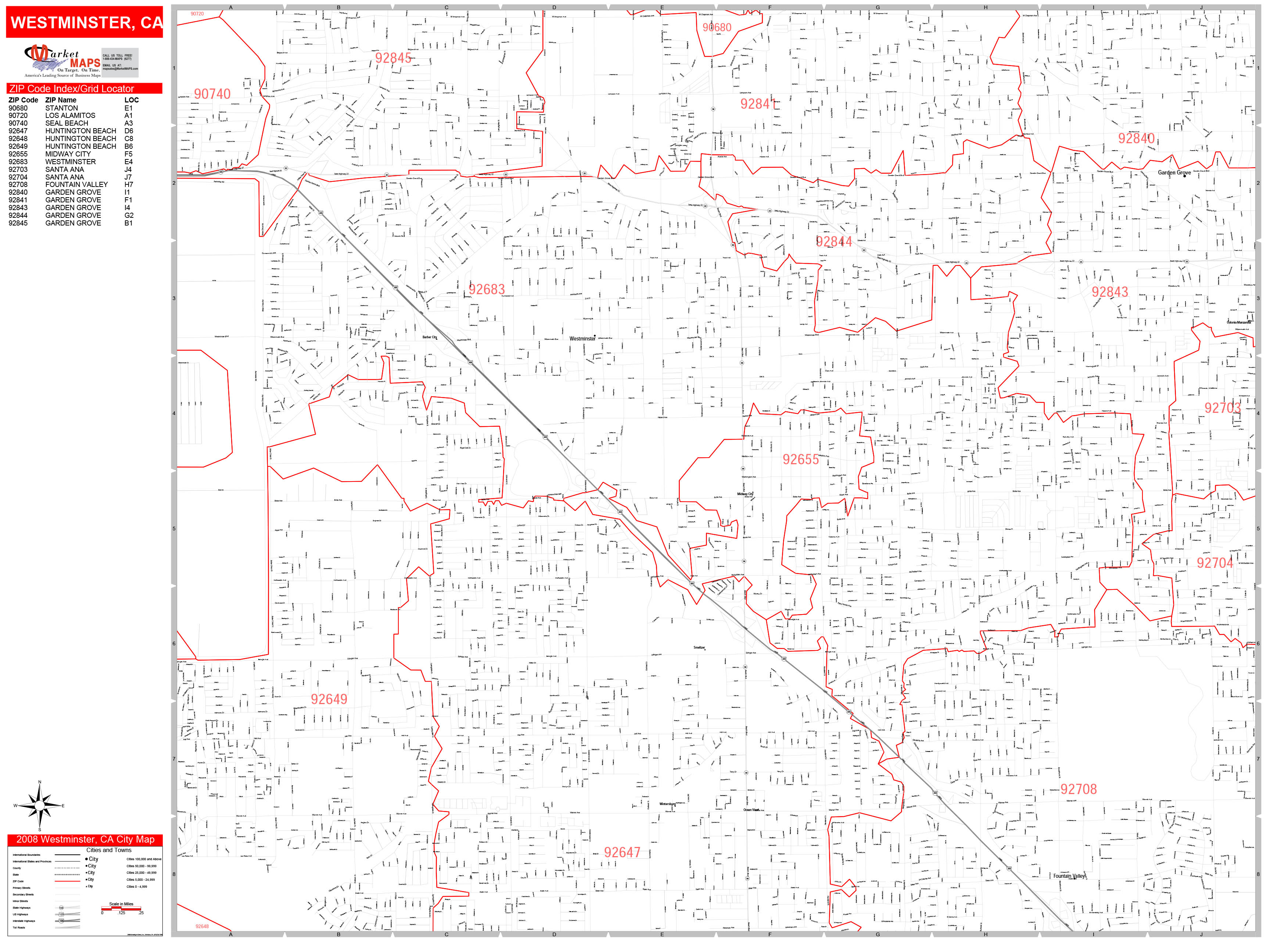 Westminster California Zip Code Wall Map (Red Line Style) by MarketMAPS ...