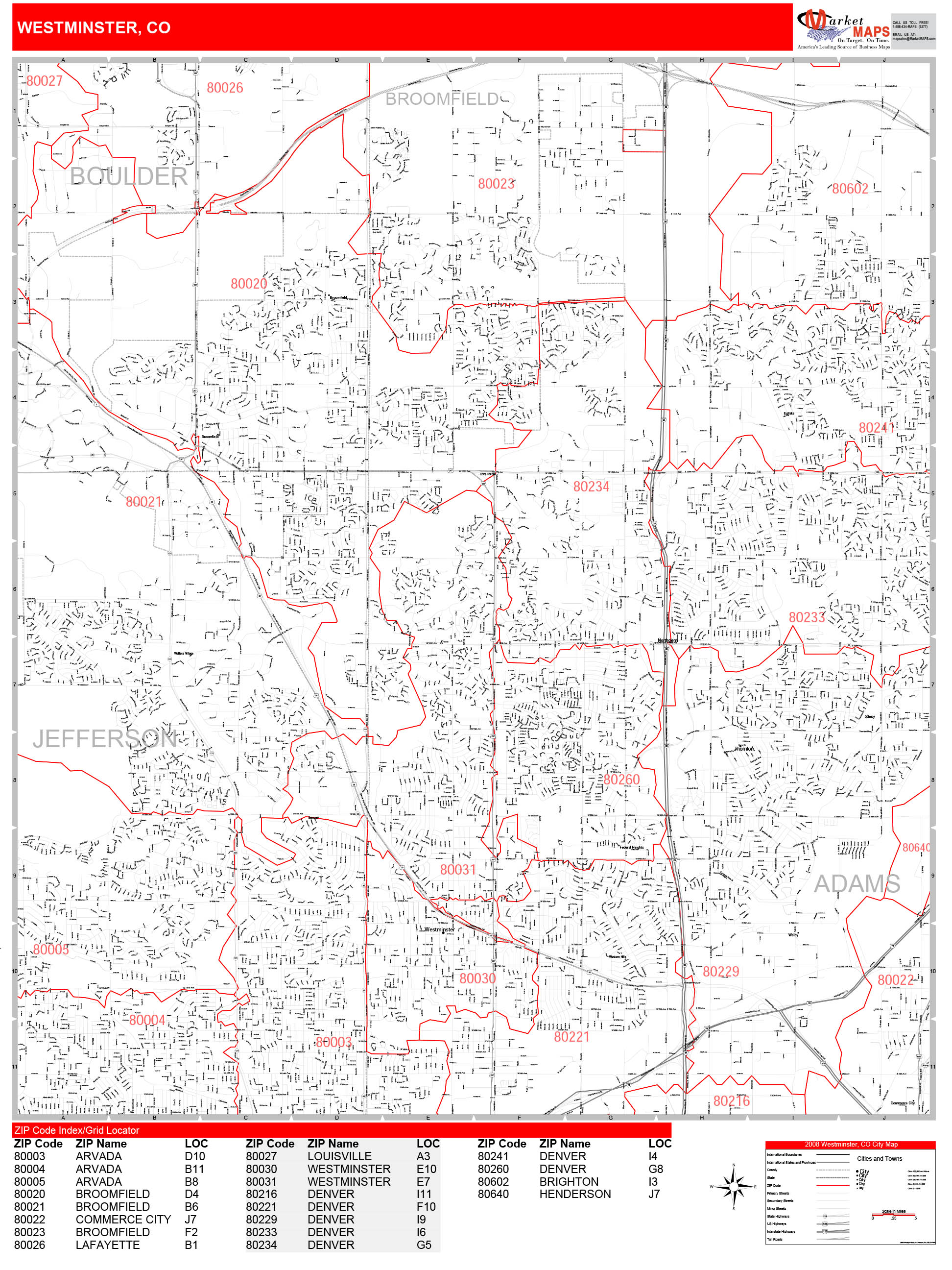 Westminster Colorado Zip Code Wall Map (Red Line Style) by MarketMAPS