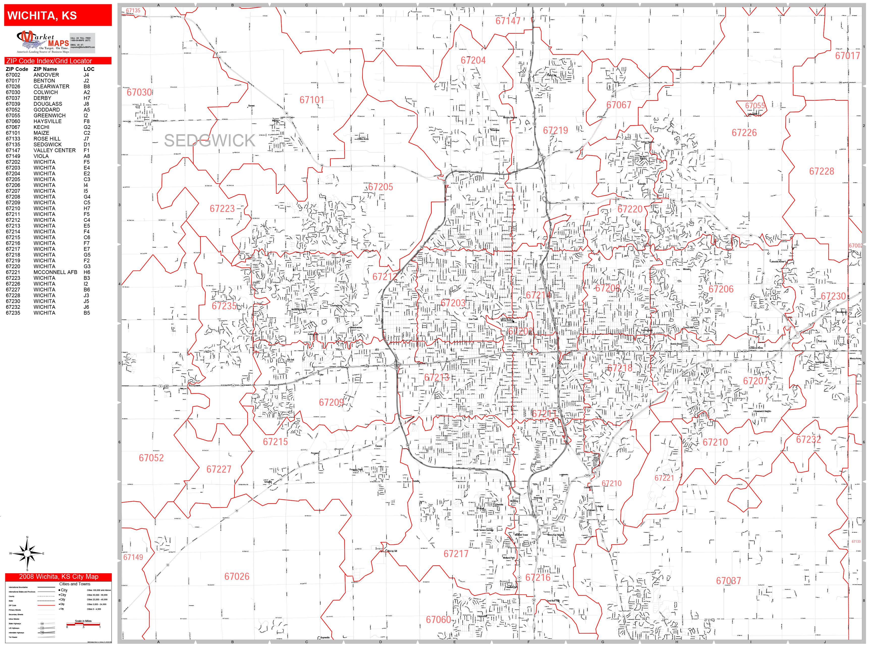 Wichita Kansas Zip Code Wall Map Red Line Style By MarketMAPS MapSales   Wichita KS 